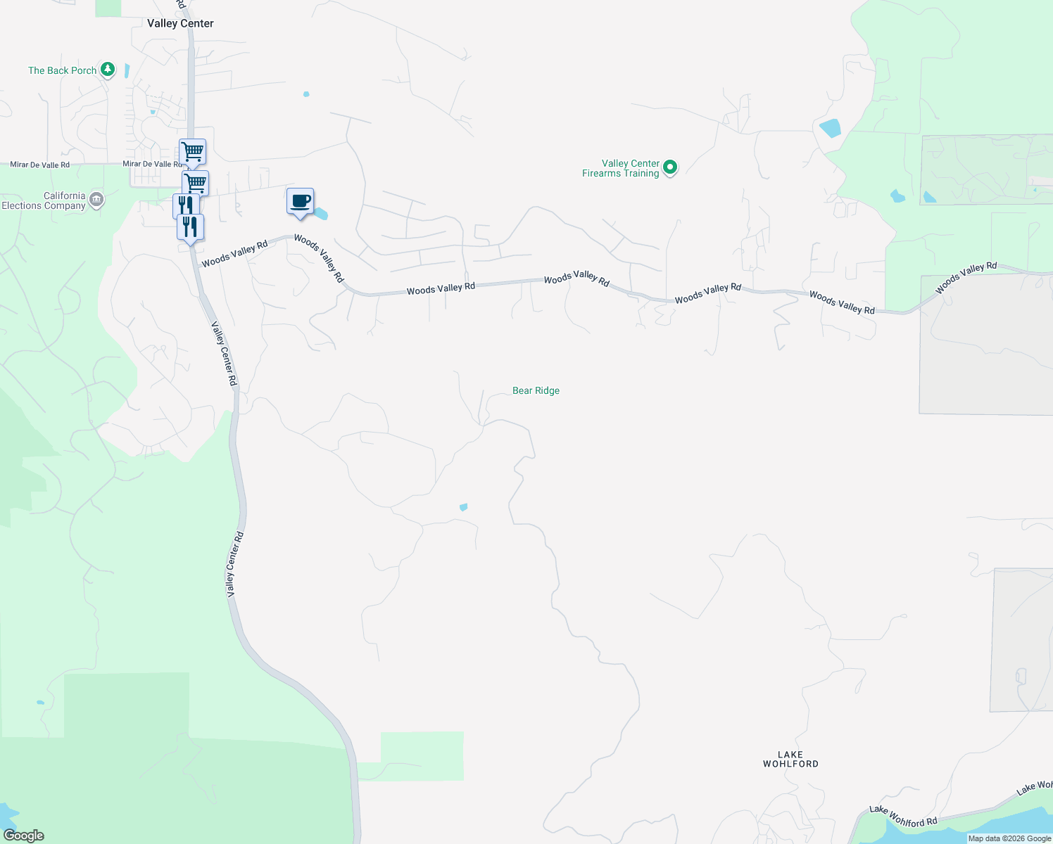 map of restaurants, bars, coffee shops, grocery stores, and more near 15299 Ridge Ranch Road in Valley Center