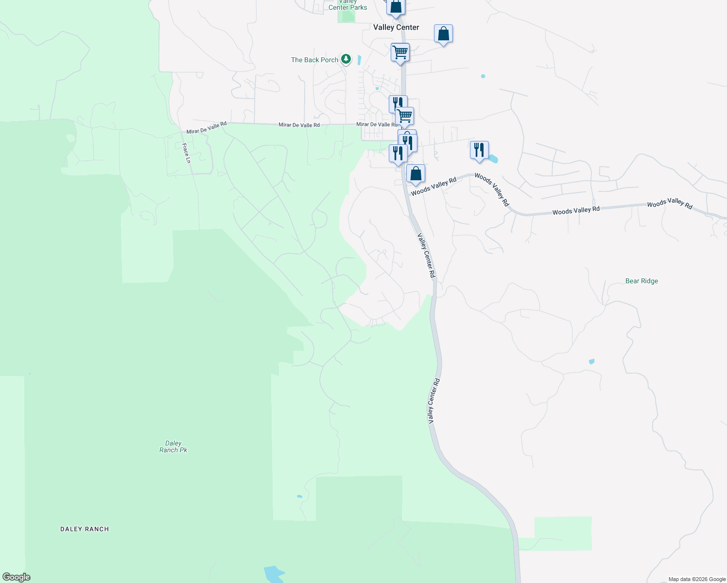 map of restaurants, bars, coffee shops, grocery stores, and more near 13140 Bridlewood Lane in Valley Center