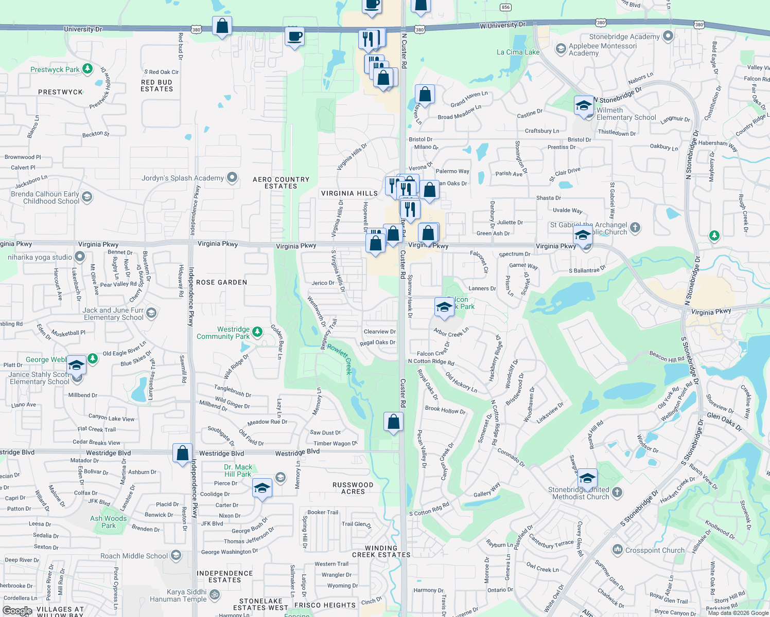 map of restaurants, bars, coffee shops, grocery stores, and more near Falcon View Drive in McKinney