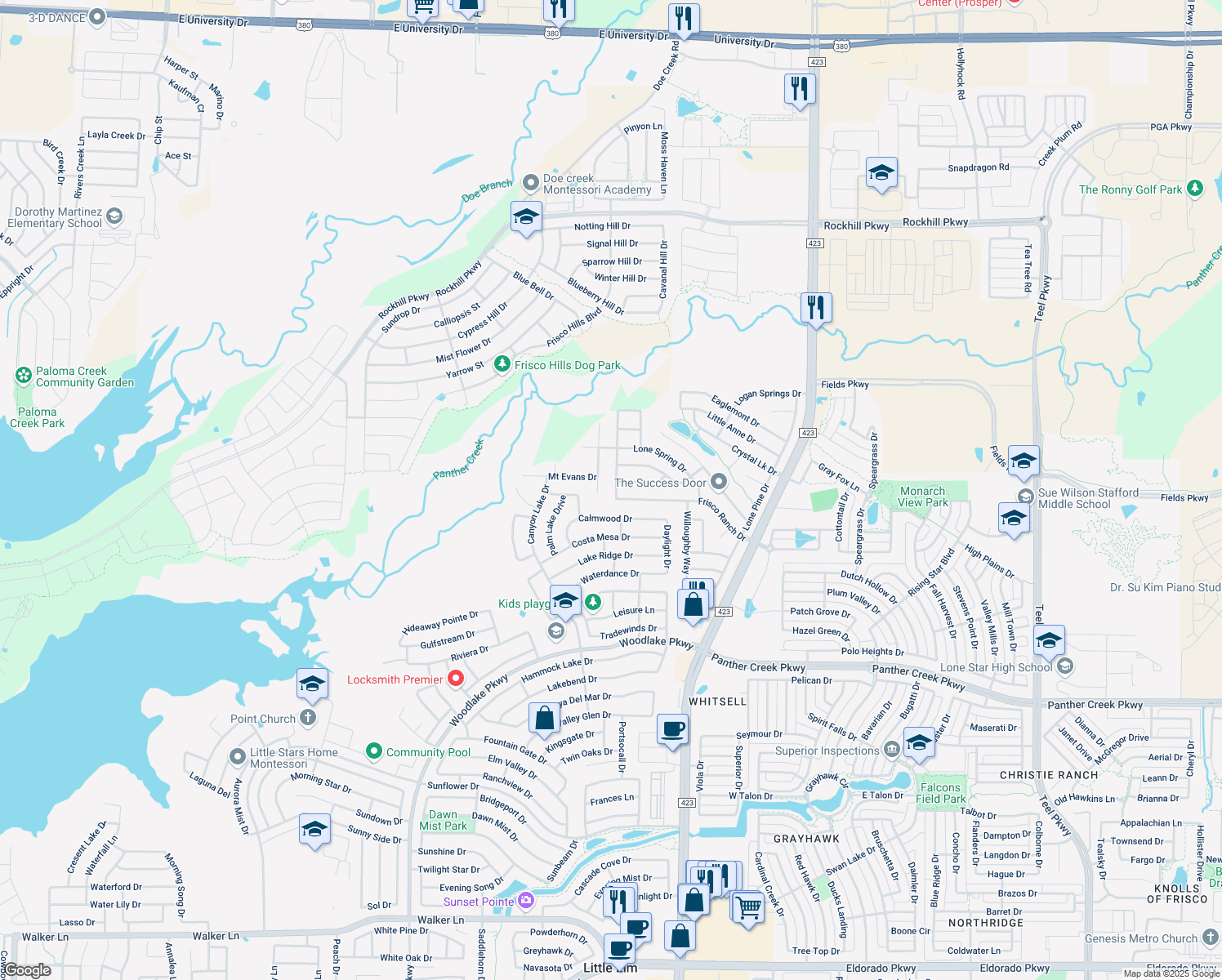 map of restaurants, bars, coffee shops, grocery stores, and more near 1208 Westview Drive in Little Elm