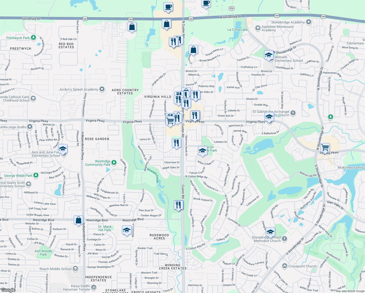 map of restaurants, bars, coffee shops, grocery stores, and more near Falcon View Dr in McKinney