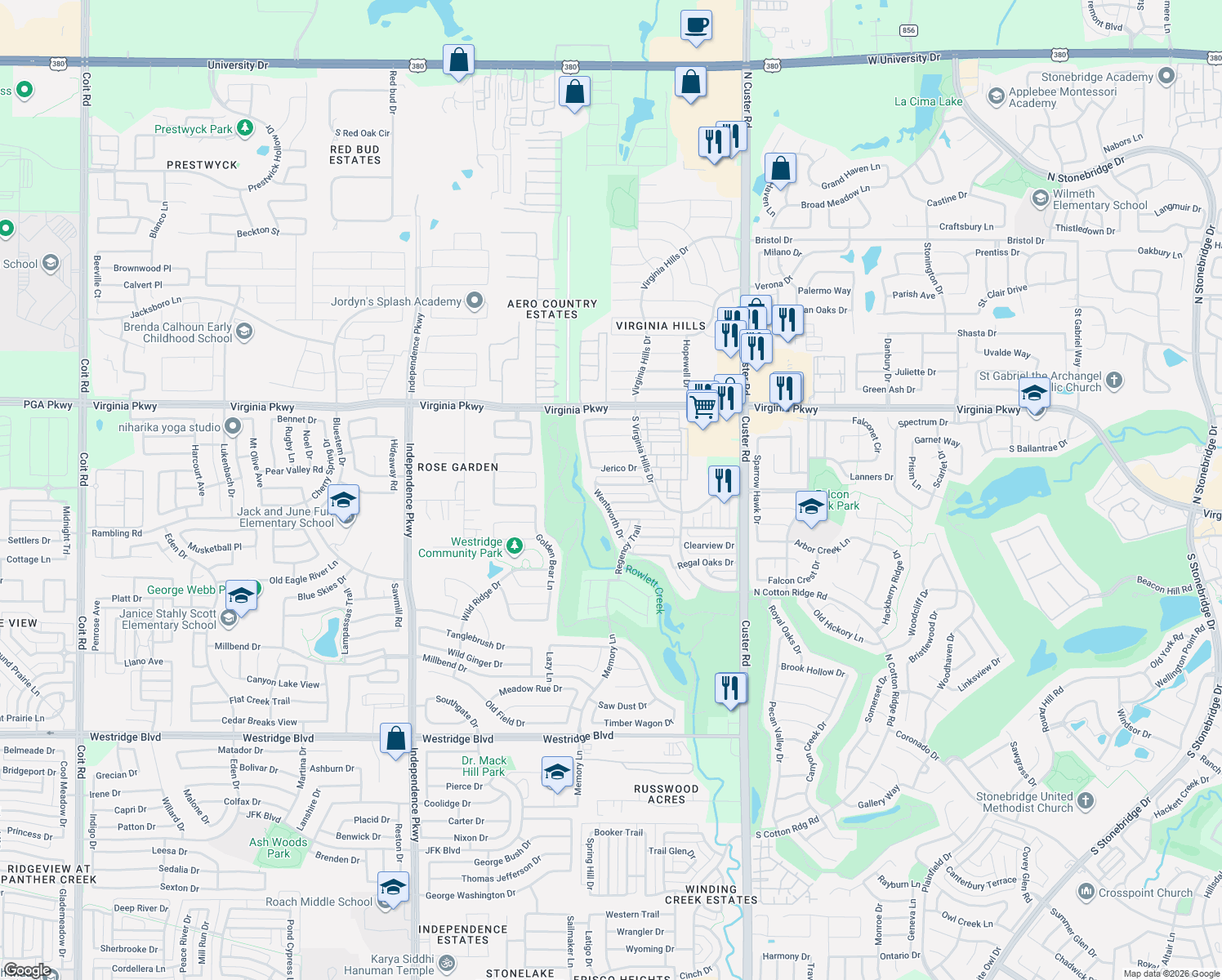 map of restaurants, bars, coffee shops, grocery stores, and more near 9408 Stonewood Drive in McKinney