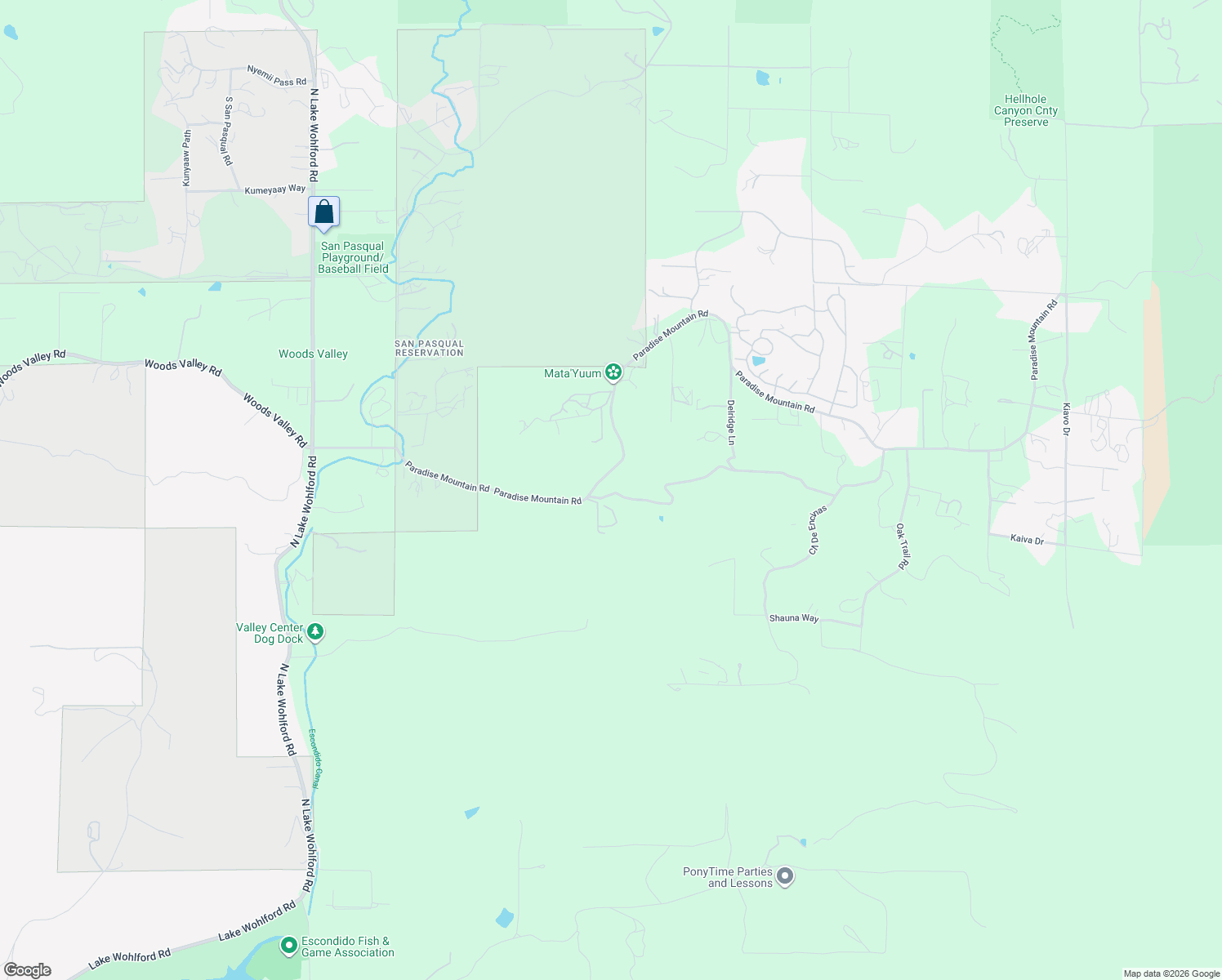 map of restaurants, bars, coffee shops, grocery stores, and more near 18218 Paradise Mountain Lane in Valley Center