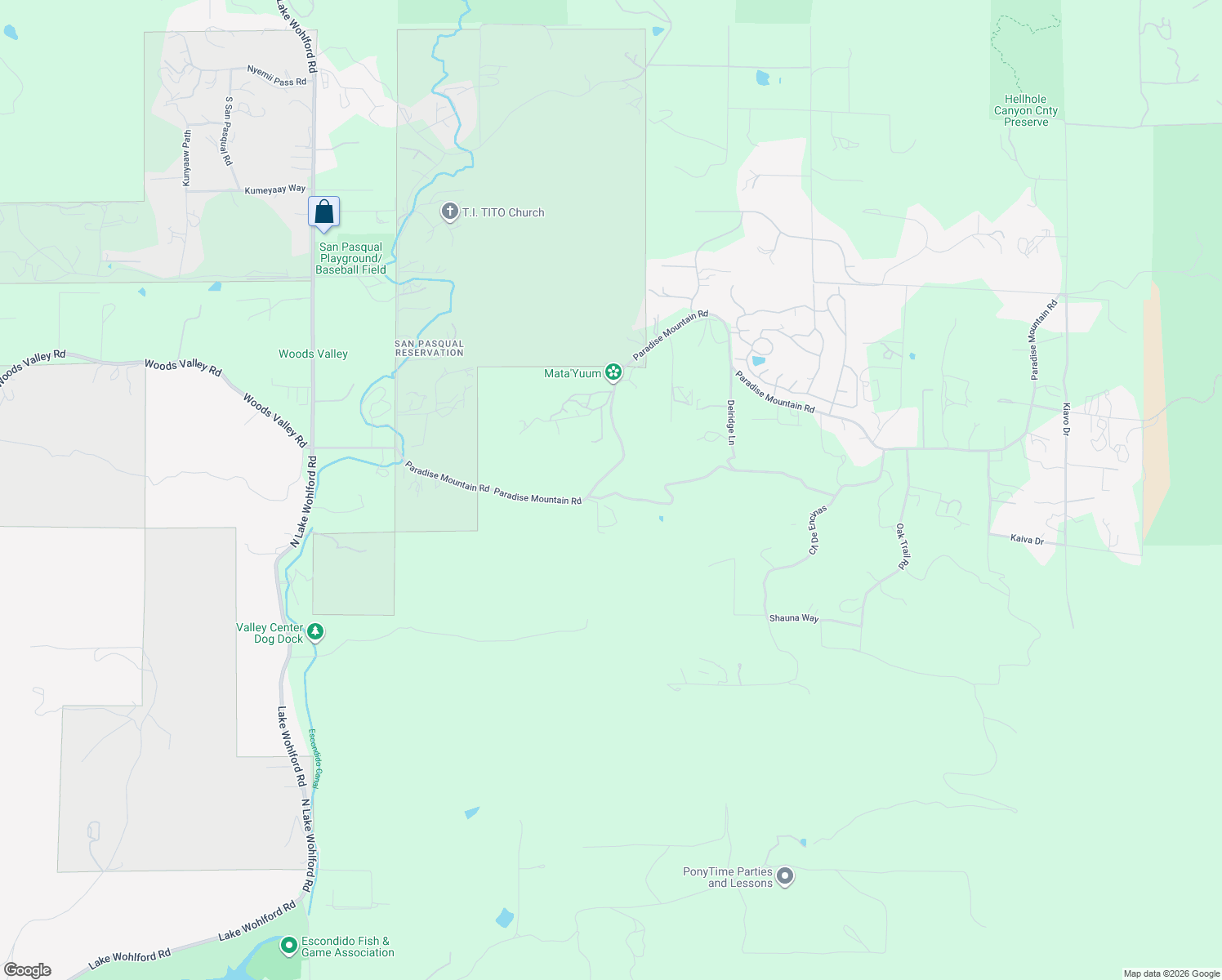 map of restaurants, bars, coffee shops, grocery stores, and more near 18218 Paradise Mountain Lane in Valley Center