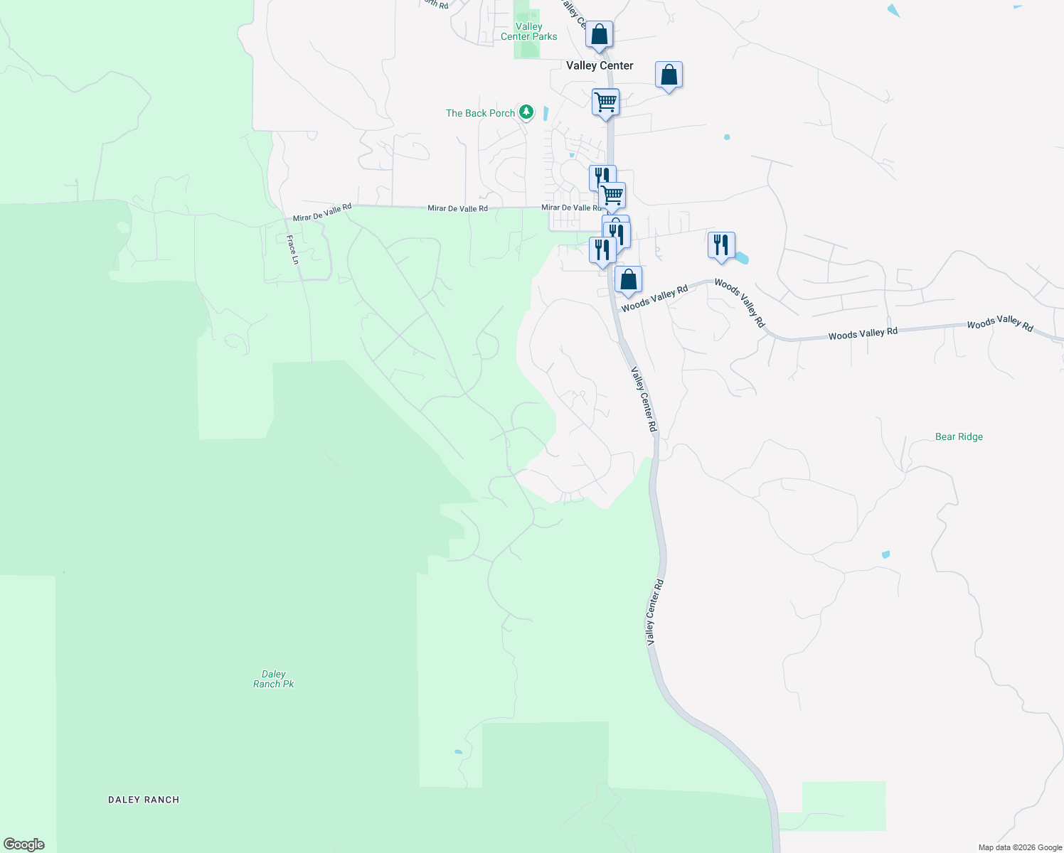 map of restaurants, bars, coffee shops, grocery stores, and more near 13140 Bridlewood Lane in Valley Center