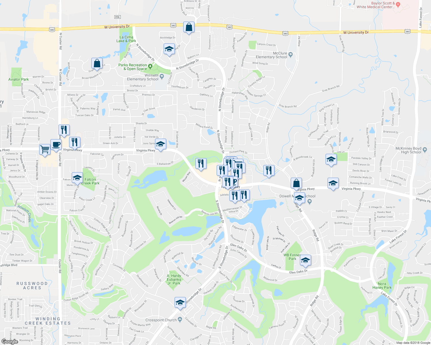 map of restaurants, bars, coffee shops, grocery stores, and more near 195 North Stonebridge Drive in McKinney
