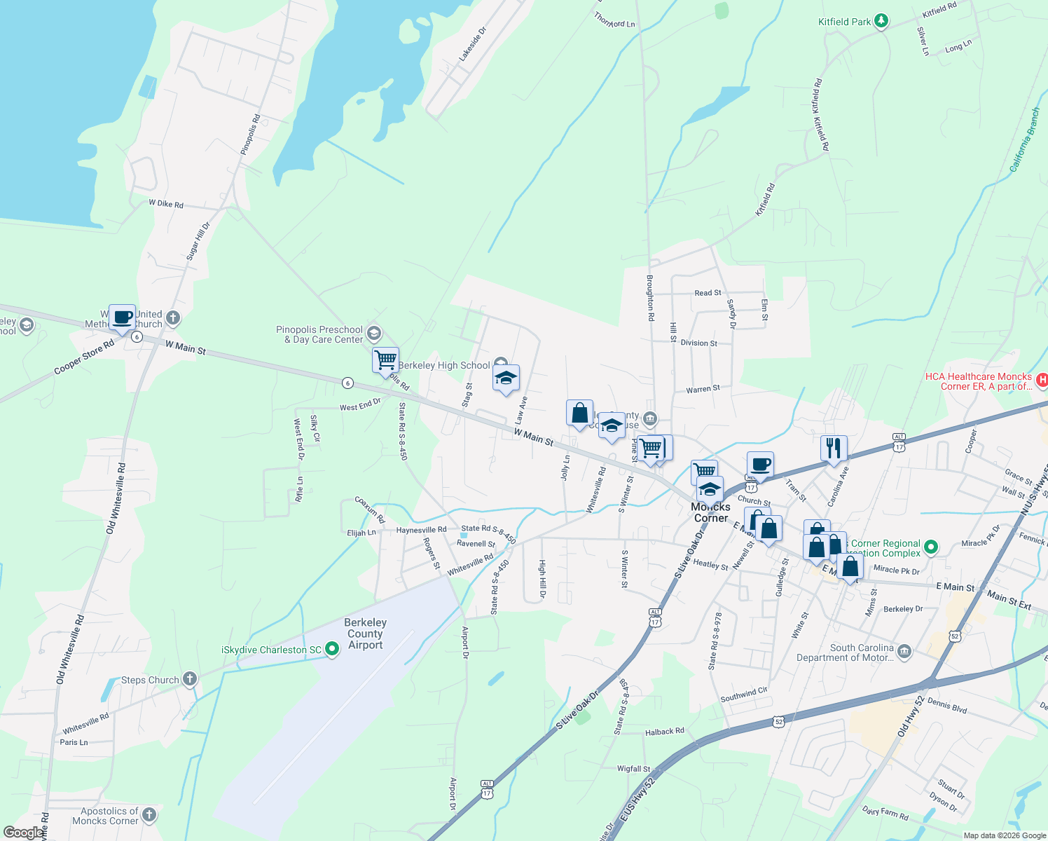 map of restaurants, bars, coffee shops, grocery stores, and more near 100 Law Avenue in Moncks Corner