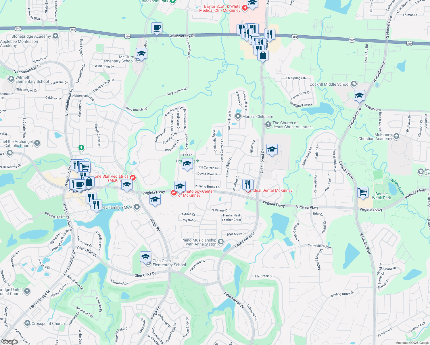 map of restaurants, bars, coffee shops, grocery stores, and more near 5316 Devils River Drive in McKinney