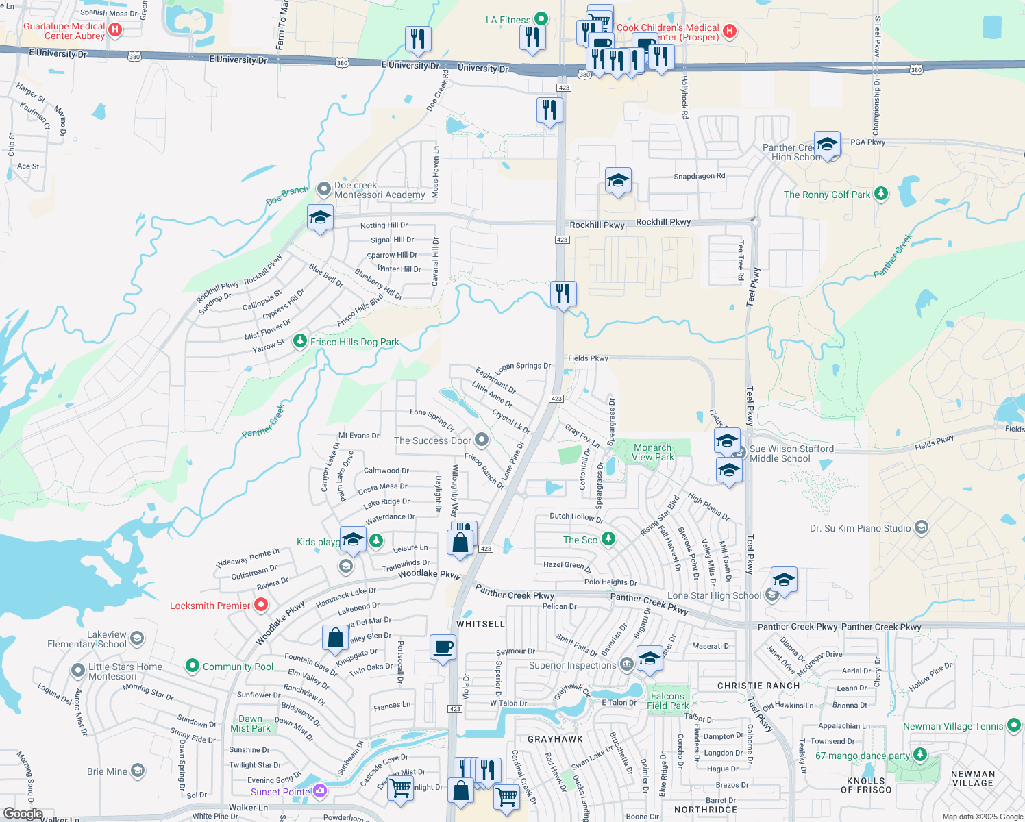 map of restaurants, bars, coffee shops, grocery stores, and more near 14529 Little Anne Drive in Little Elm