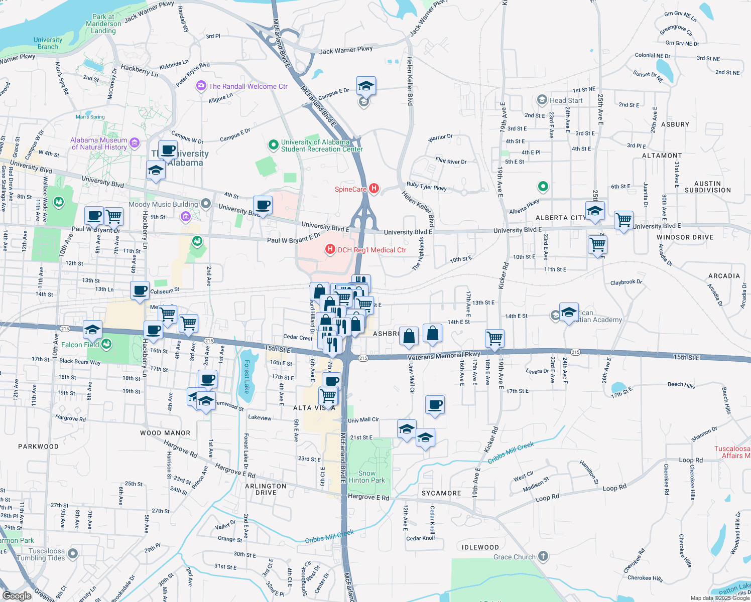 map of restaurants, bars, coffee shops, grocery stores, and more near 918 13th Street East in Tuscaloosa
