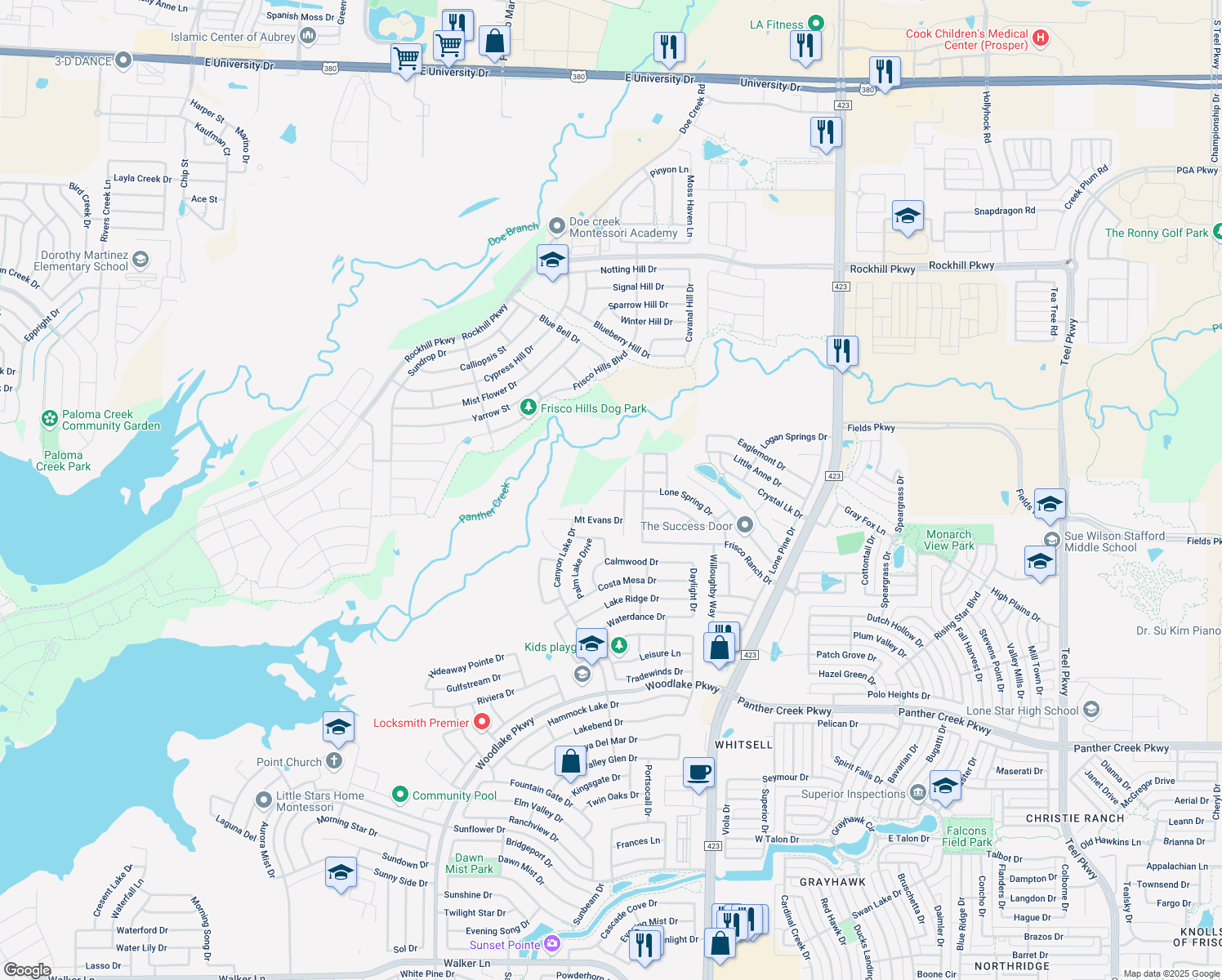 map of restaurants, bars, coffee shops, grocery stores, and more near 15109 Lone Spring Dr in Little Elm