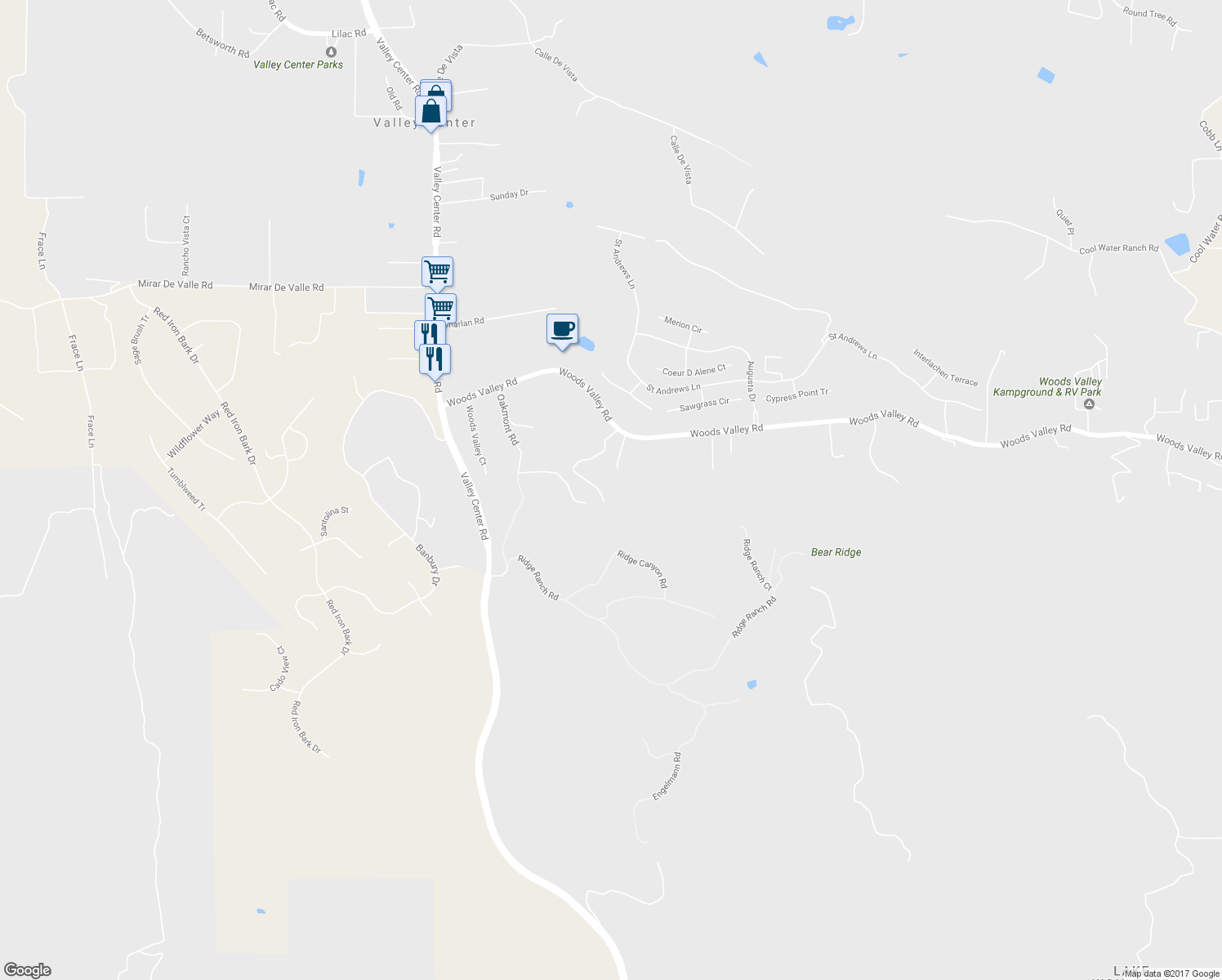 map of restaurants, bars, coffee shops, grocery stores, and more near 14209 Woods Valley Road in Valley Center