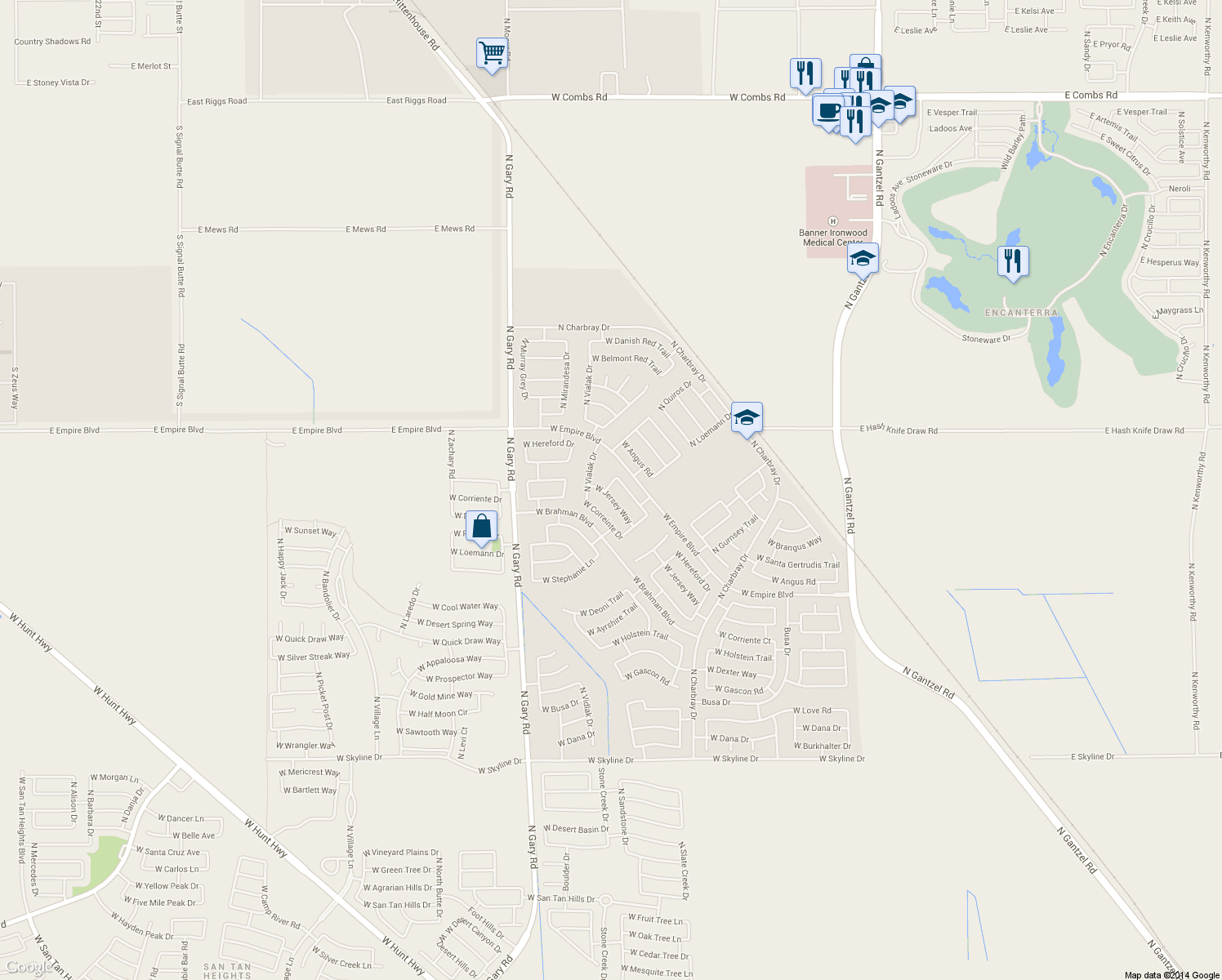 map of restaurants, bars, coffee shops, grocery stores, and more near 1026 West Jersey Way in San Tan Valley