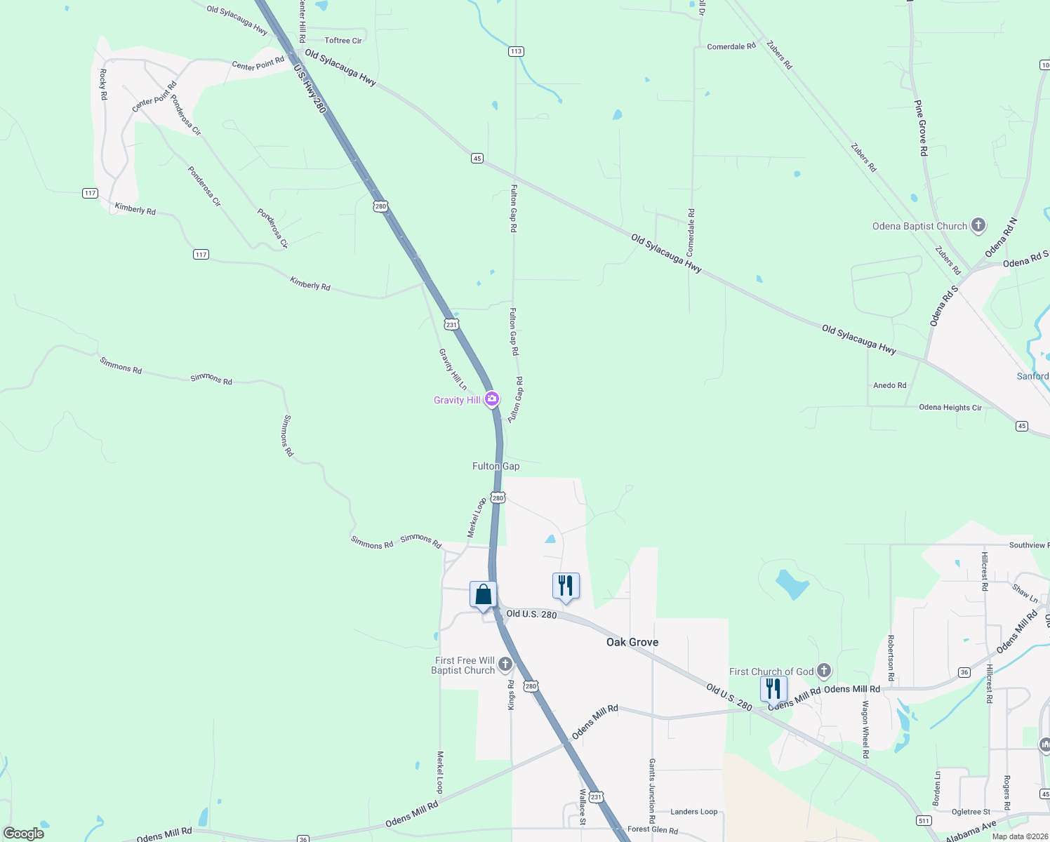 map of restaurants, bars, coffee shops, grocery stores, and more near 90 Fulton Gap Road in Sylacauga