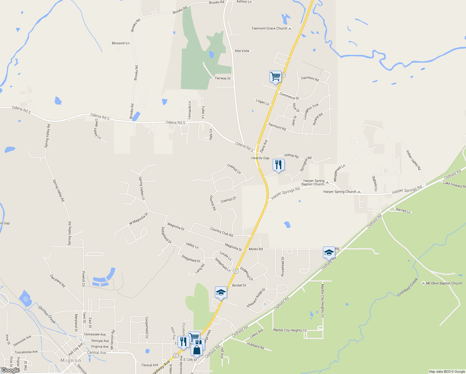 map of restaurants, bars, coffee shops, grocery stores, and more near 2653 Overhill Circle in Sylacauga