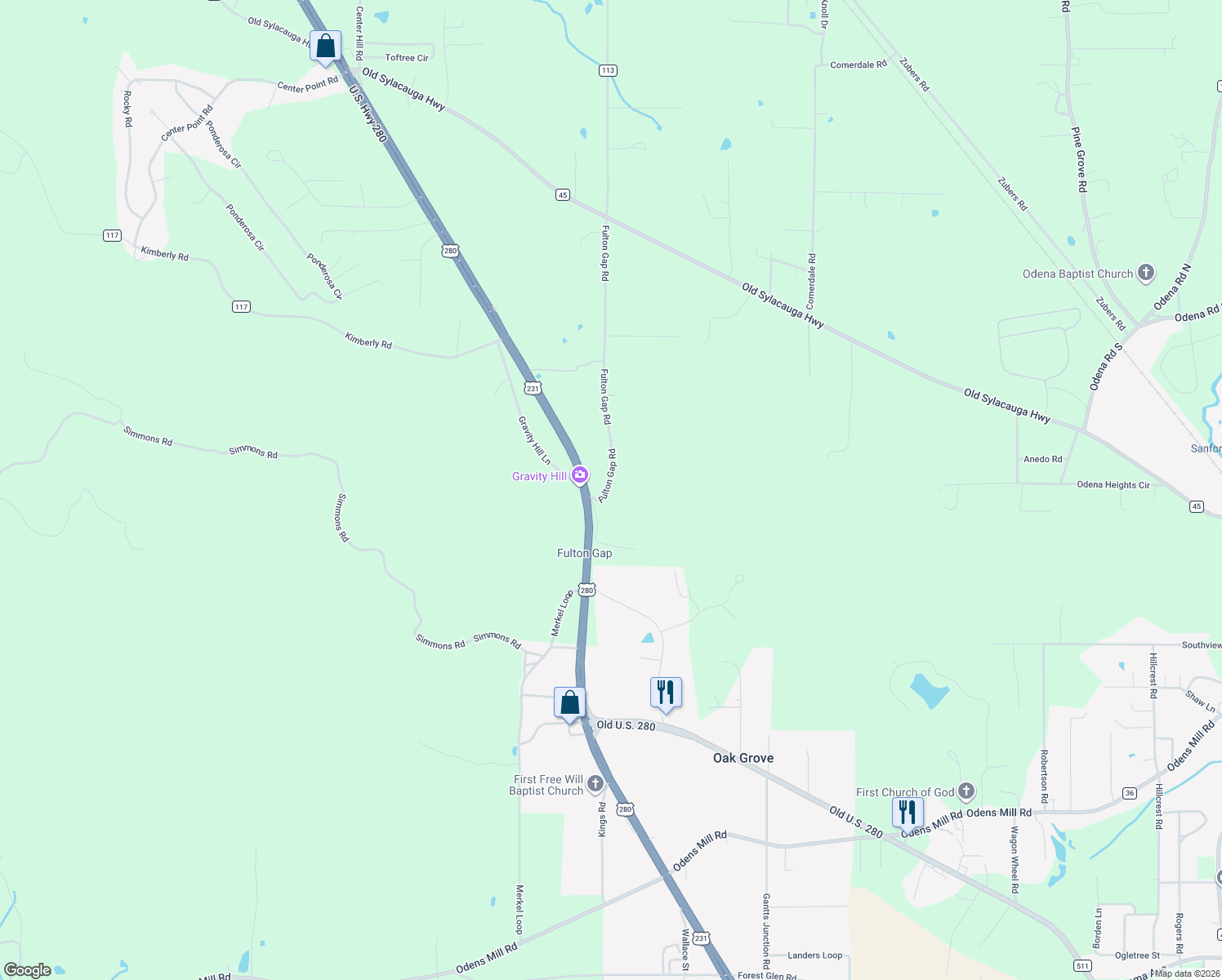 map of restaurants, bars, coffee shops, grocery stores, and more near 90 Fulton Gap Road in Sylacauga