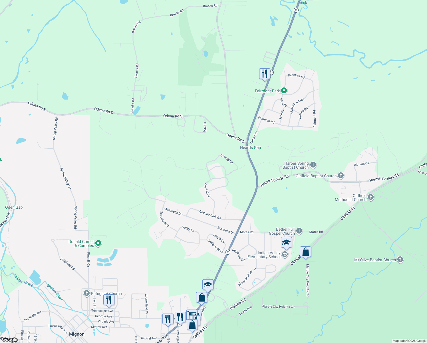 map of restaurants, bars, coffee shops, grocery stores, and more near 2653 Overhill Circle in Sylacauga