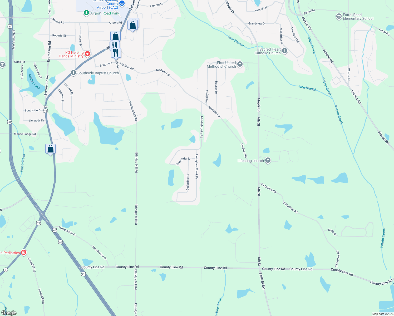 map of restaurants, bars, coffee shops, grocery stores, and more near 2227 Honeybee Creek Drive in Griffin