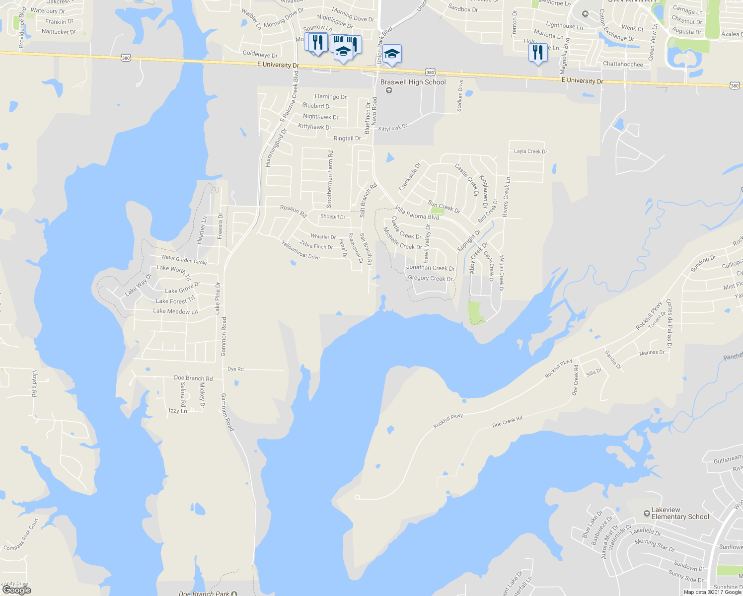 map of restaurants, bars, coffee shops, grocery stores, and more near 1383 Salt Branch Road in Little Elm