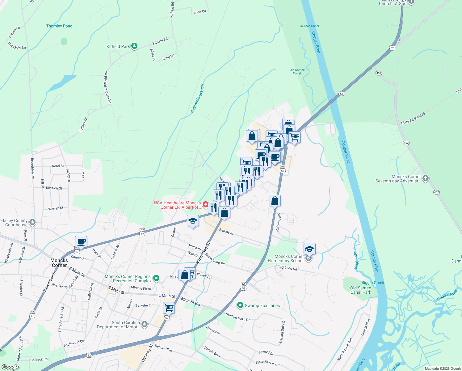 map of restaurants, bars, coffee shops, grocery stores, and more near 421 State Road S-8-366 in Moncks Corner