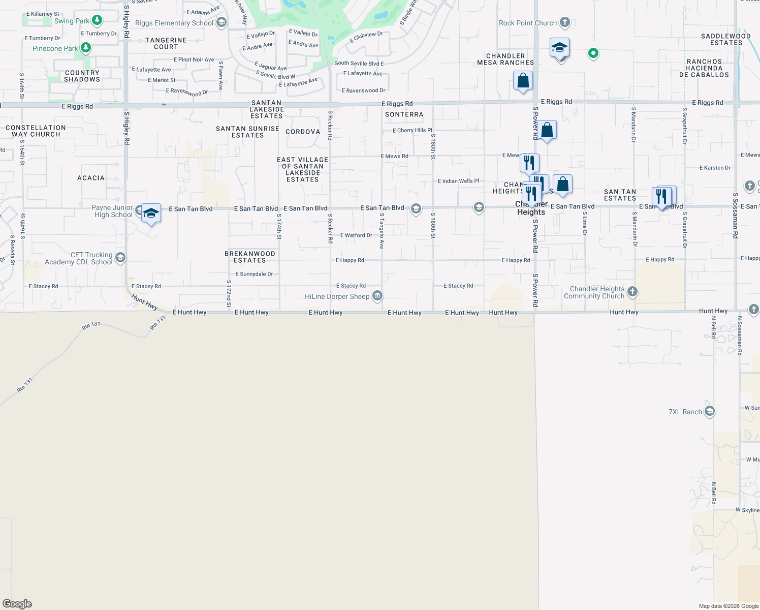 map of restaurants, bars, coffee shops, grocery stores, and more near 26708 S Tangelo Ave in Queen Creek