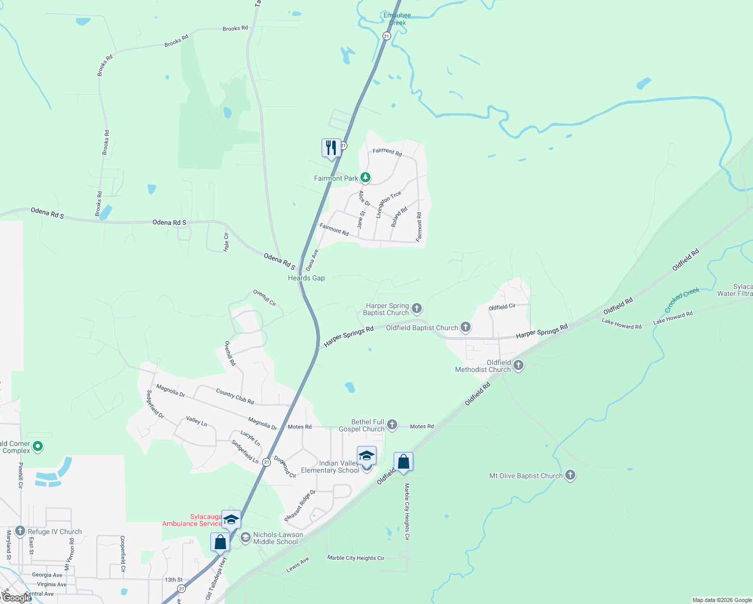 map of restaurants, bars, coffee shops, grocery stores, and more near 1405 Springhill Road in Sylacauga