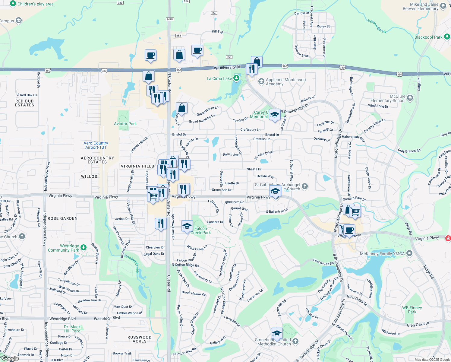 map of restaurants, bars, coffee shops, grocery stores, and more near 8304 Juliette Drive in McKinney