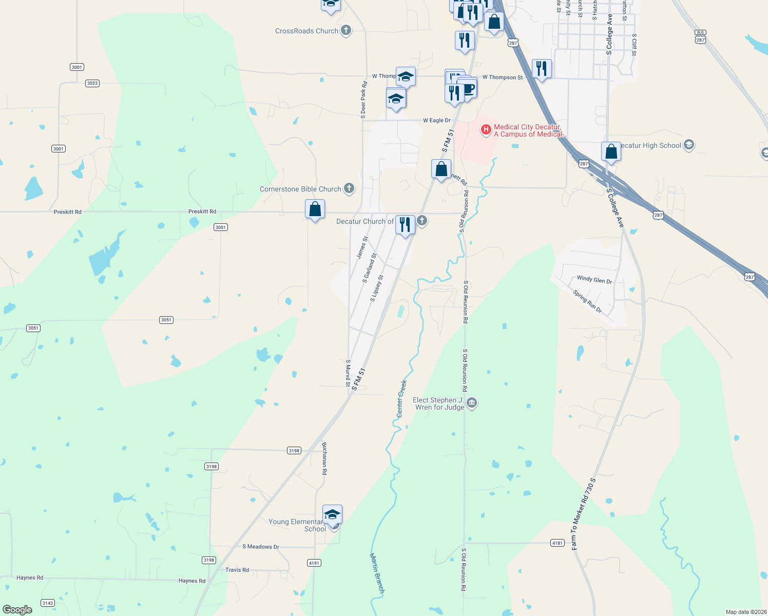 map of restaurants, bars, coffee shops, grocery stores, and more near 3102 Farm to Market 51 in Decatur