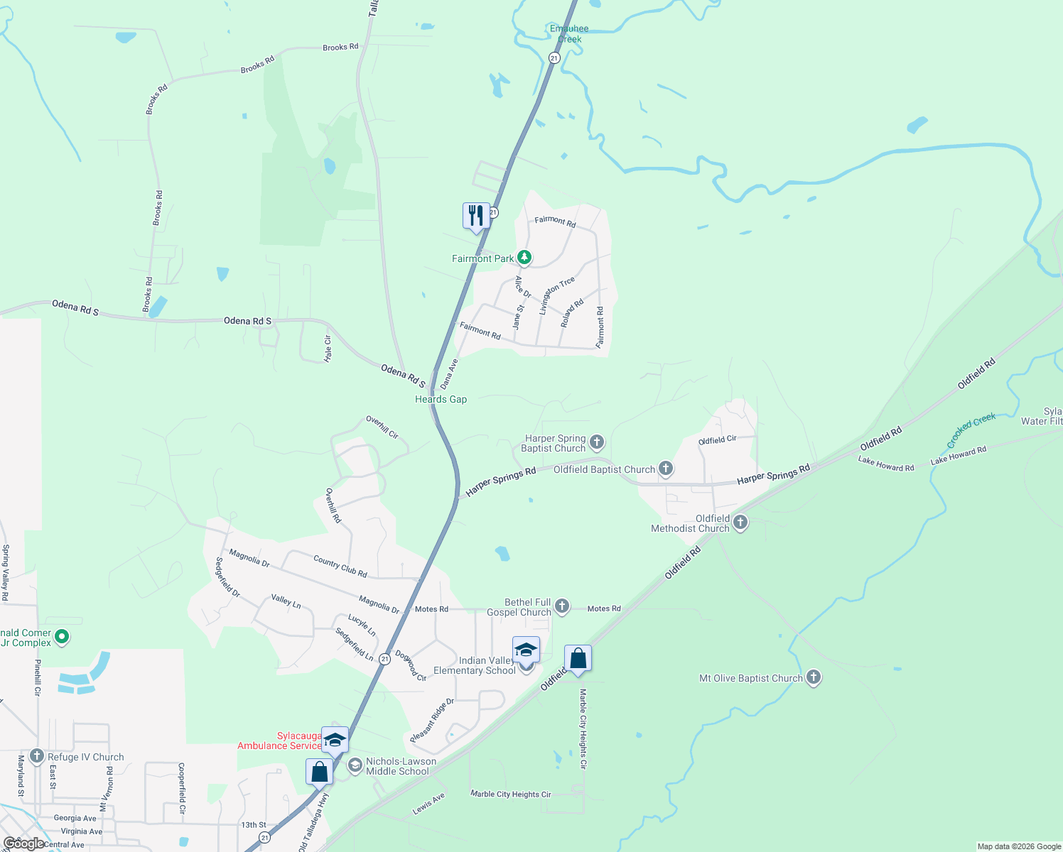 map of restaurants, bars, coffee shops, grocery stores, and more near 1405 Springhill Road in Sylacauga