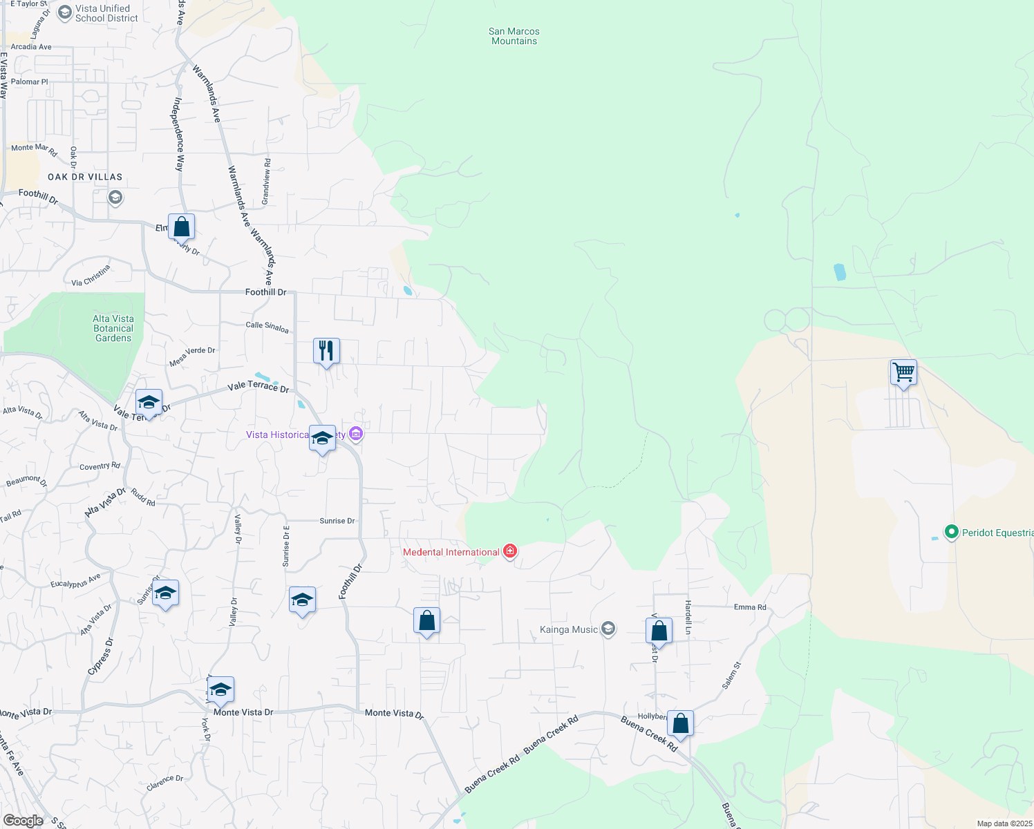 map of restaurants, bars, coffee shops, grocery stores, and more near 2523 Walinca Way in Vista