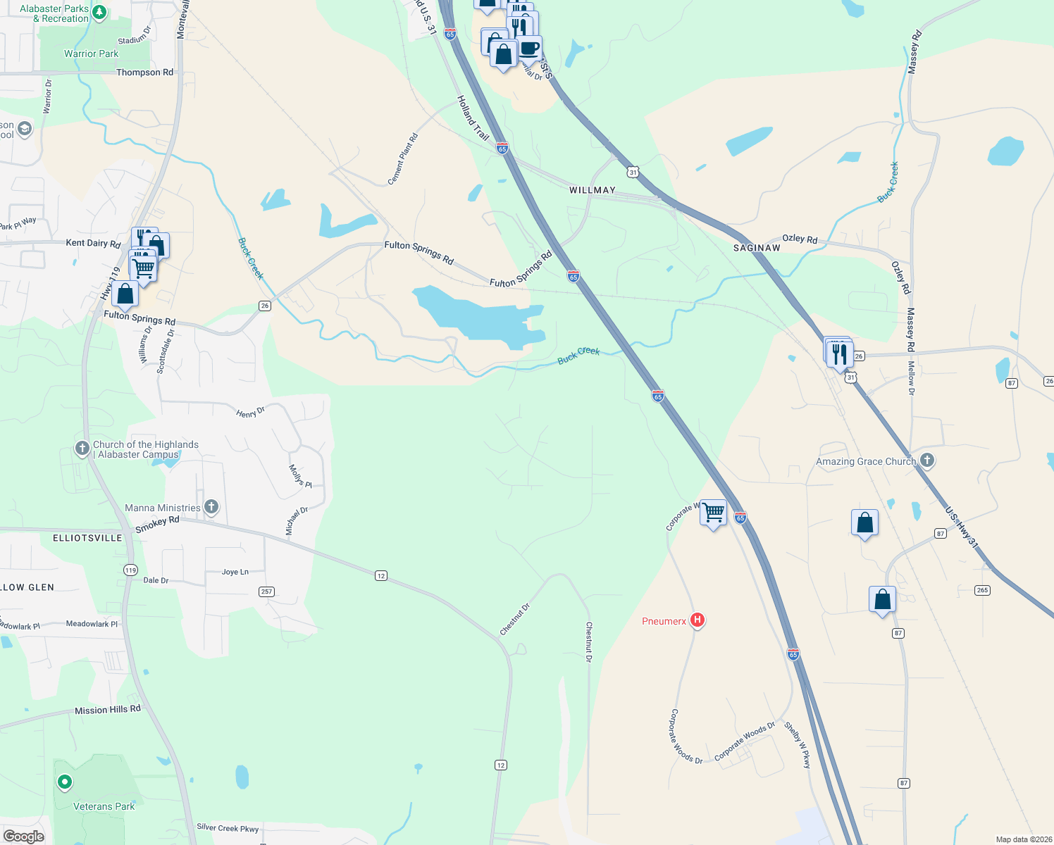 map of restaurants, bars, coffee shops, grocery stores, and more near 412 Forest Hills Place in Alabaster