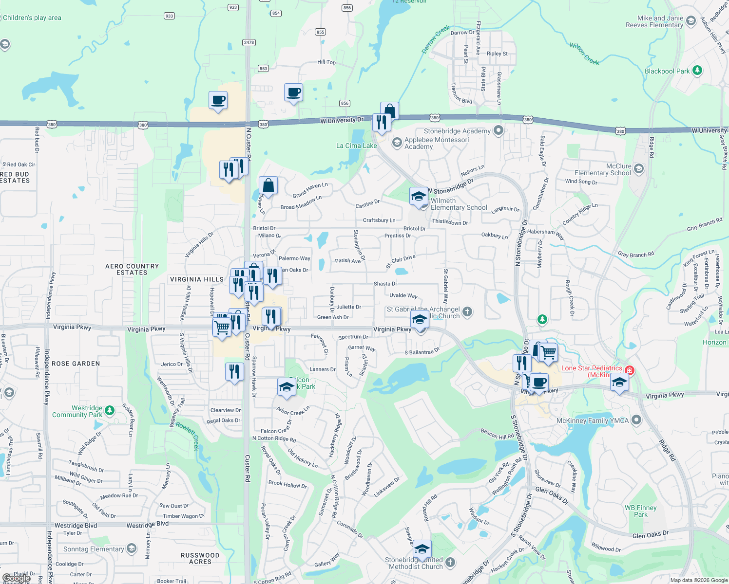 map of restaurants, bars, coffee shops, grocery stores, and more near 8012 Raintree Drive in McKinney