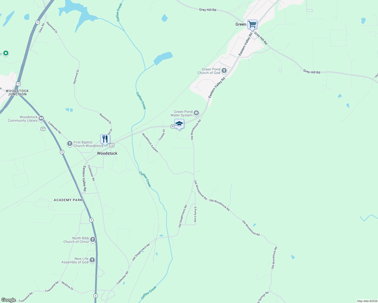 map of restaurants, bars, coffee shops, grocery stores, and more near 103 Carriage Lane in Woodstock