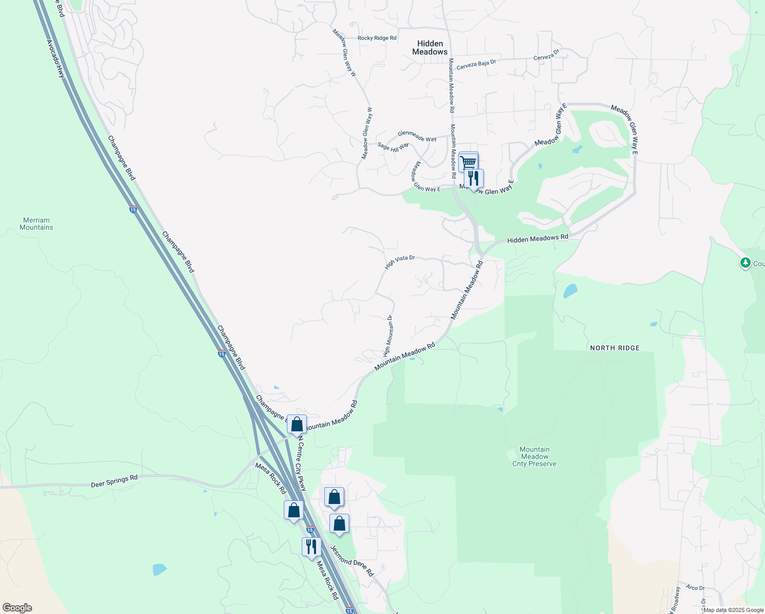 map of restaurants, bars, coffee shops, grocery stores, and more near 10237 High Mountain Drive in Escondido