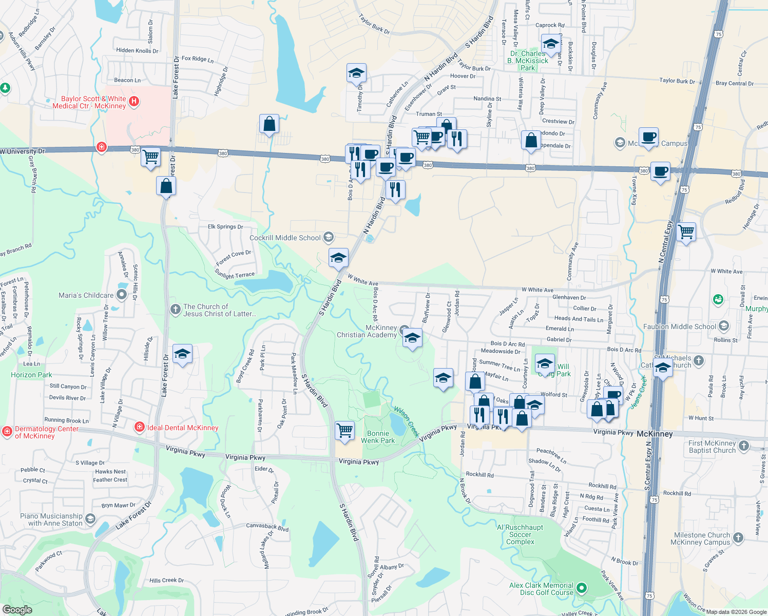 map of restaurants, bars, coffee shops, grocery stores, and more near 3621 Crestcreek Court in McKinney