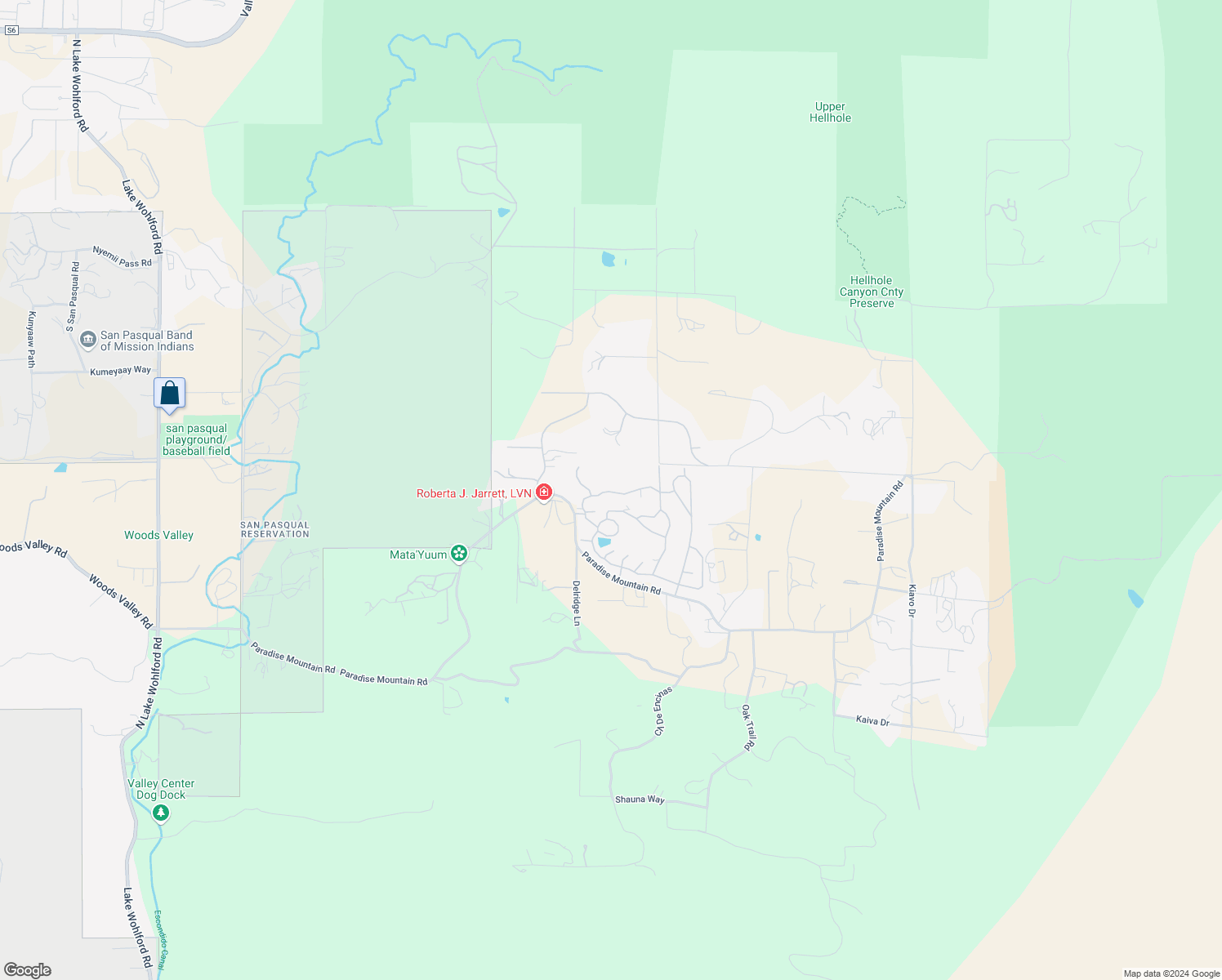 map of restaurants, bars, coffee shops, grocery stores, and more near 18218 Paradise Mountain Road in Valley Center