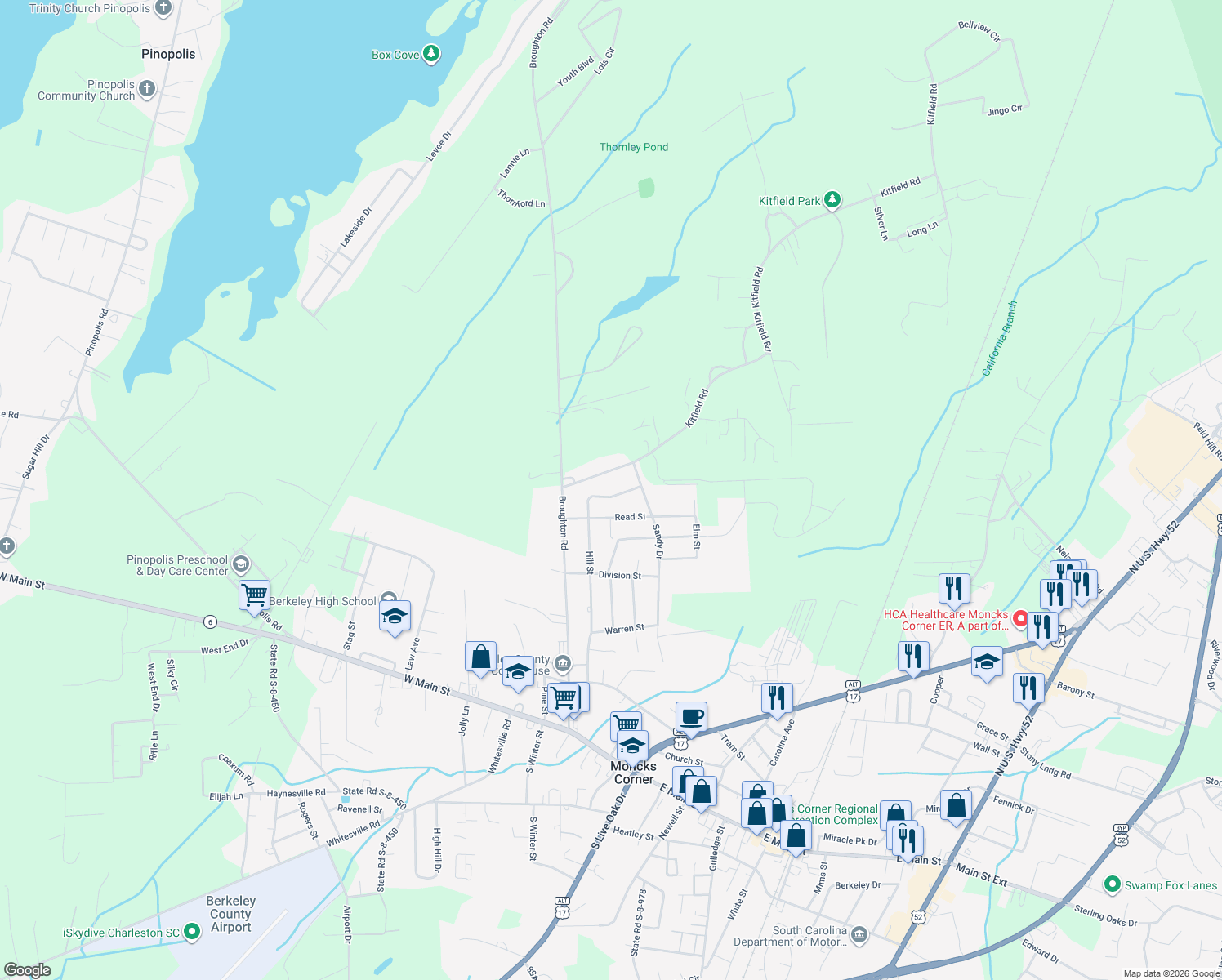 map of restaurants, bars, coffee shops, grocery stores, and more near 513 Hill Street in Moncks Corner