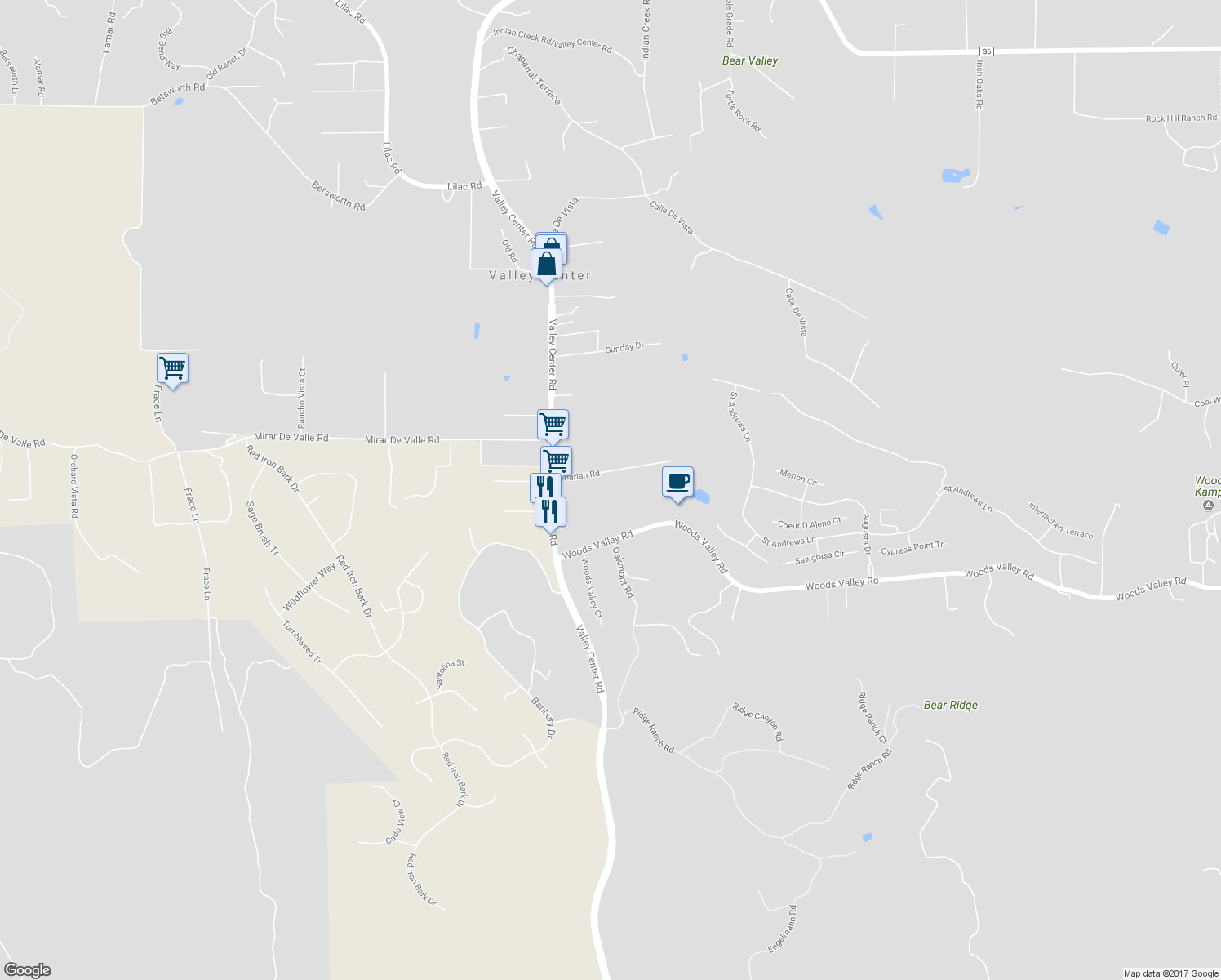 map of restaurants, bars, coffee shops, grocery stores, and more near 13881 Charlan Road in Valley Center