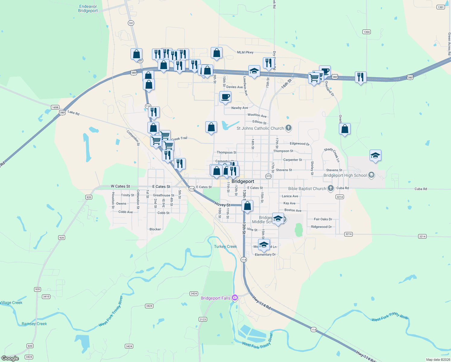 map of restaurants, bars, coffee shops, grocery stores, and more near 1018 Halsell Street in Bridgeport