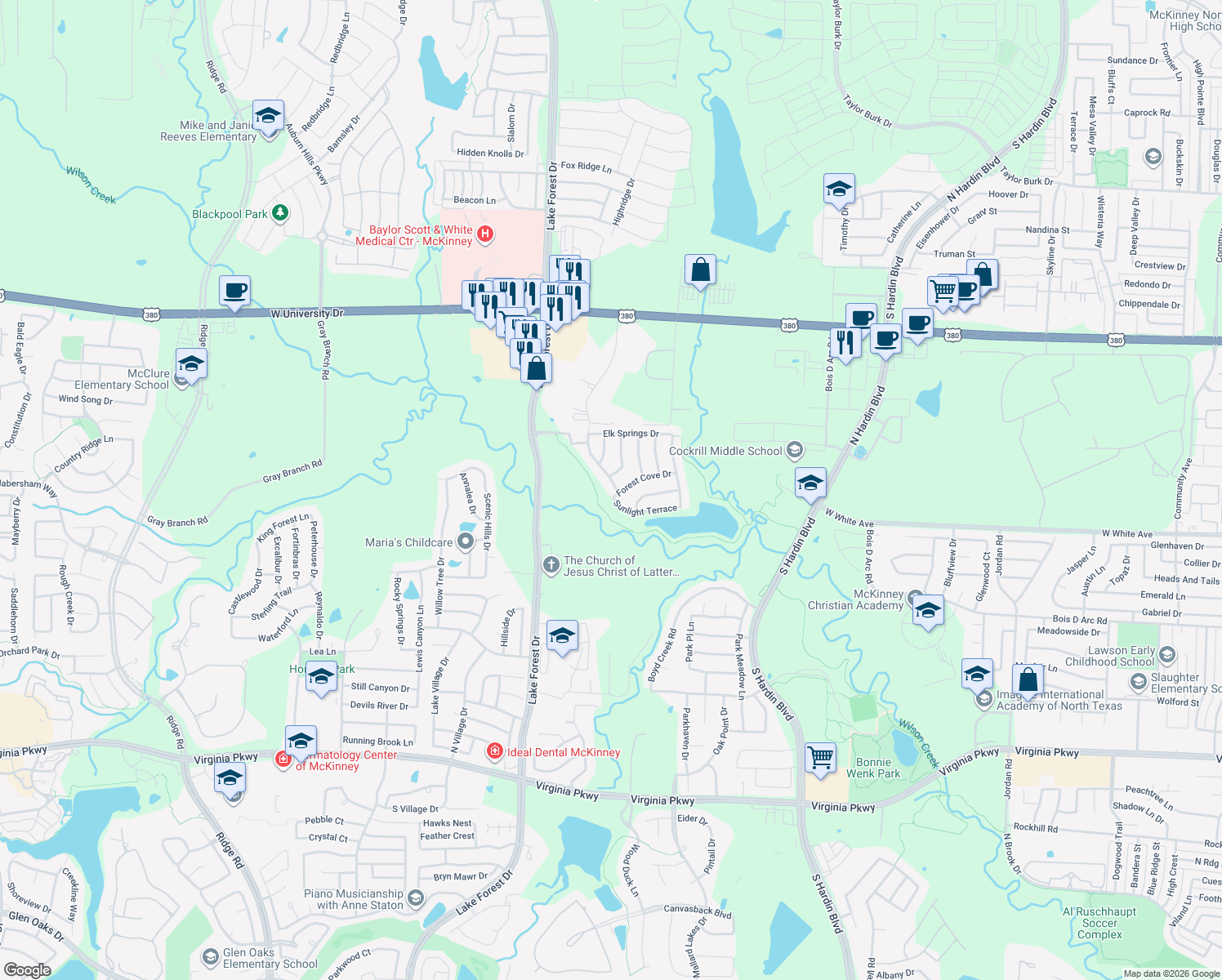 map of restaurants, bars, coffee shops, grocery stores, and more near 1305 Meadow Ranch Road in McKinney