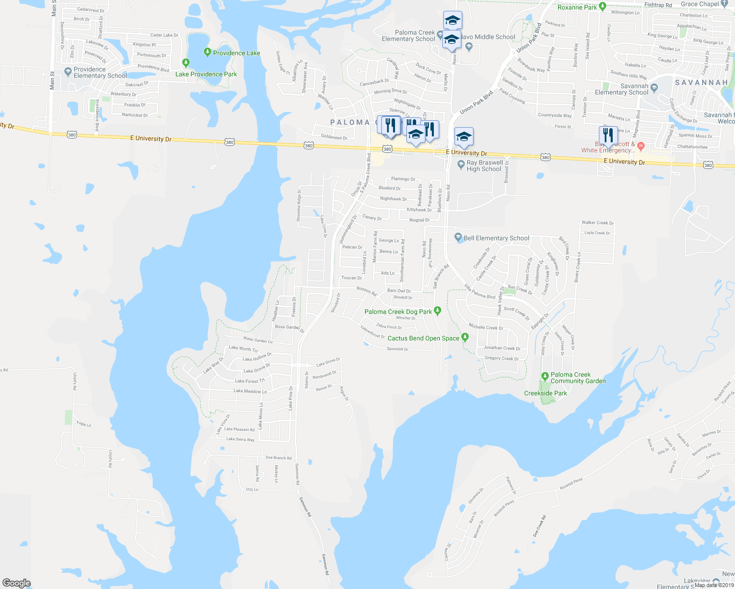 map of restaurants, bars, coffee shops, grocery stores, and more near 1017 Pigeon Hawk Drive in Little Elm