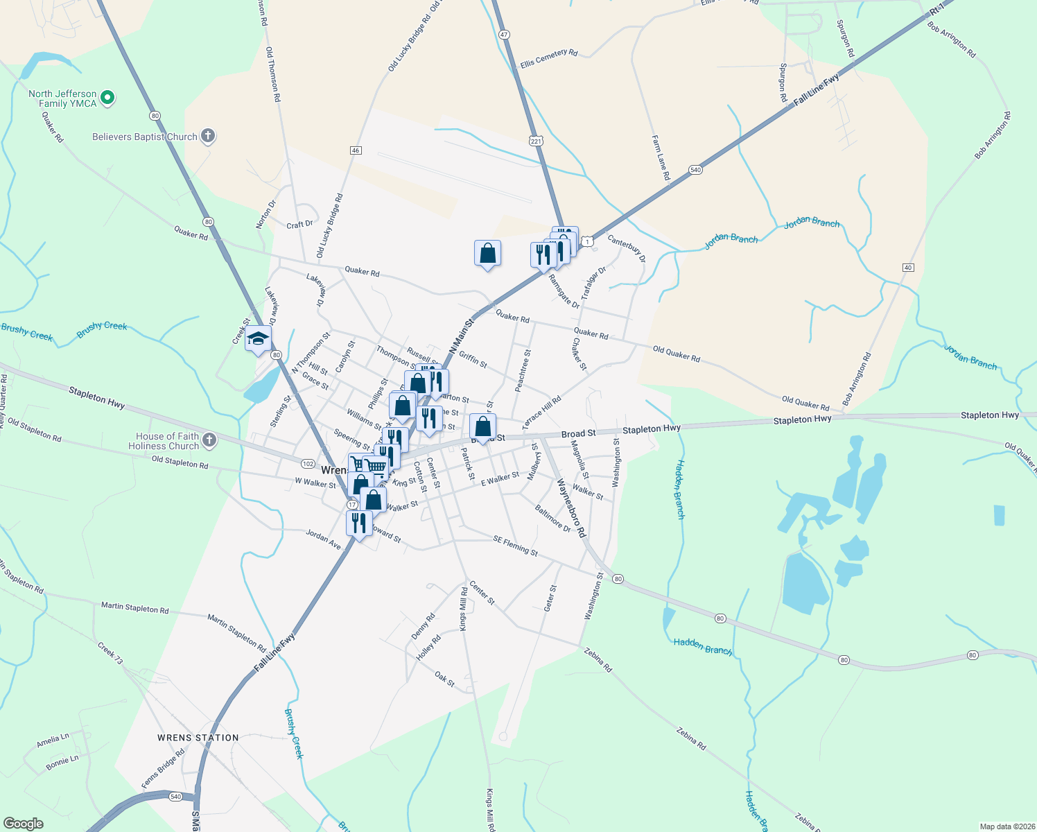map of restaurants, bars, coffee shops, grocery stores, and more near 409 Stone Street in Wrens