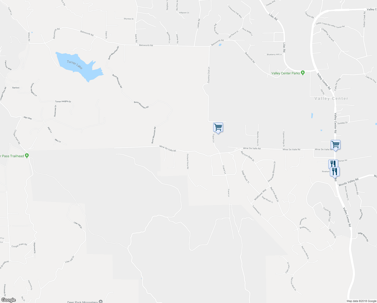map of restaurants, bars, coffee shops, grocery stores, and more near Mirar De Valle Road & Orchard Vista Road in Valley Center