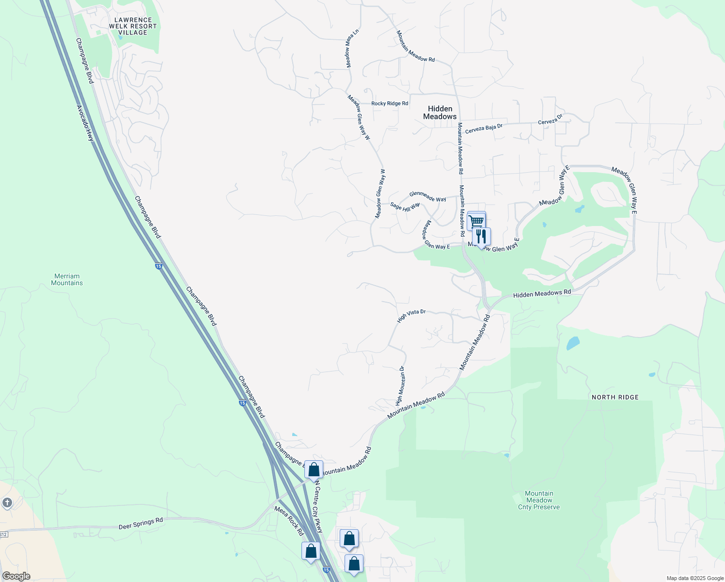 map of restaurants, bars, coffee shops, grocery stores, and more near 10027 Tall Oak Drive in Escondido
