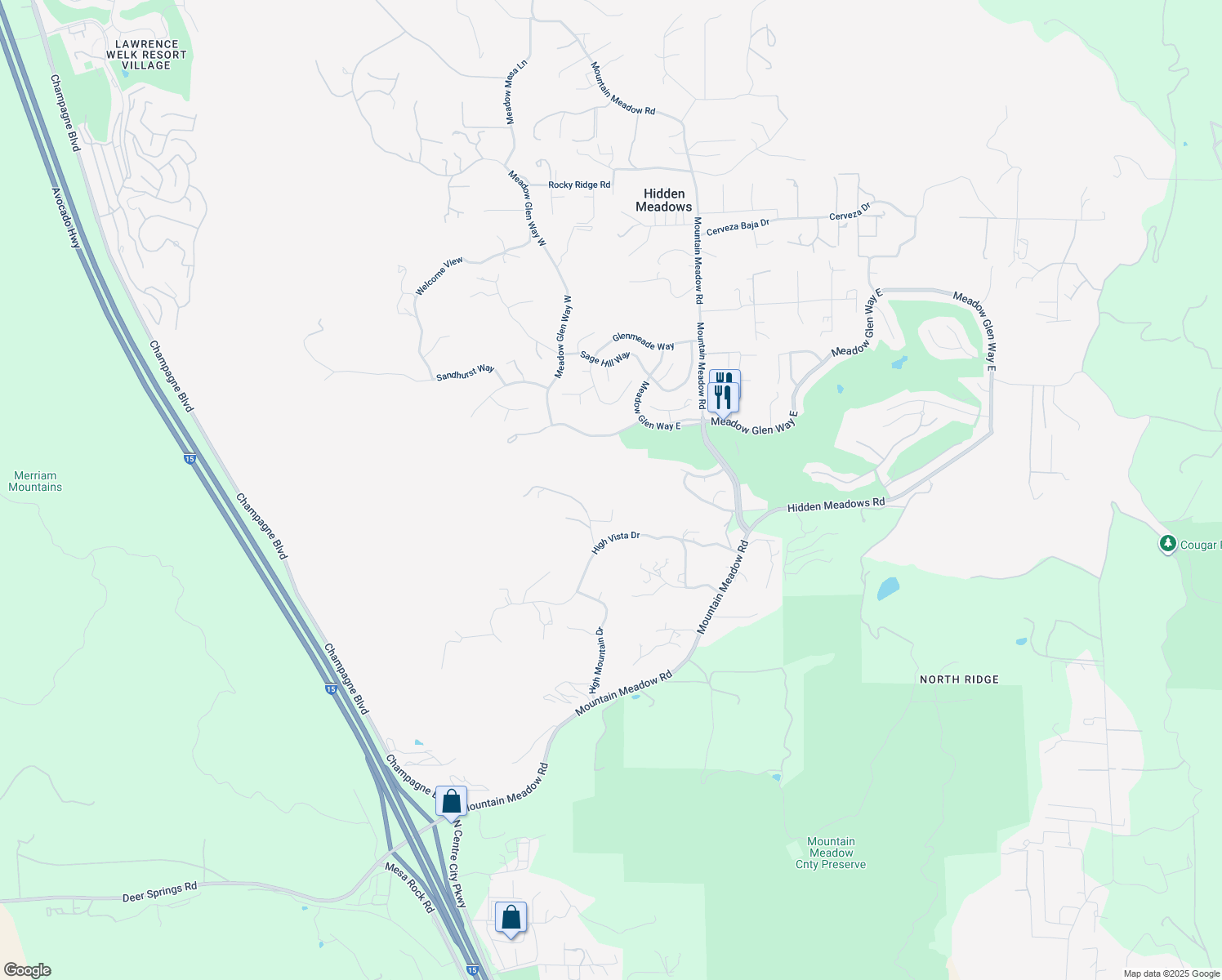 map of restaurants, bars, coffee shops, grocery stores, and more near 27707 Tall Oak Lane in Escondido