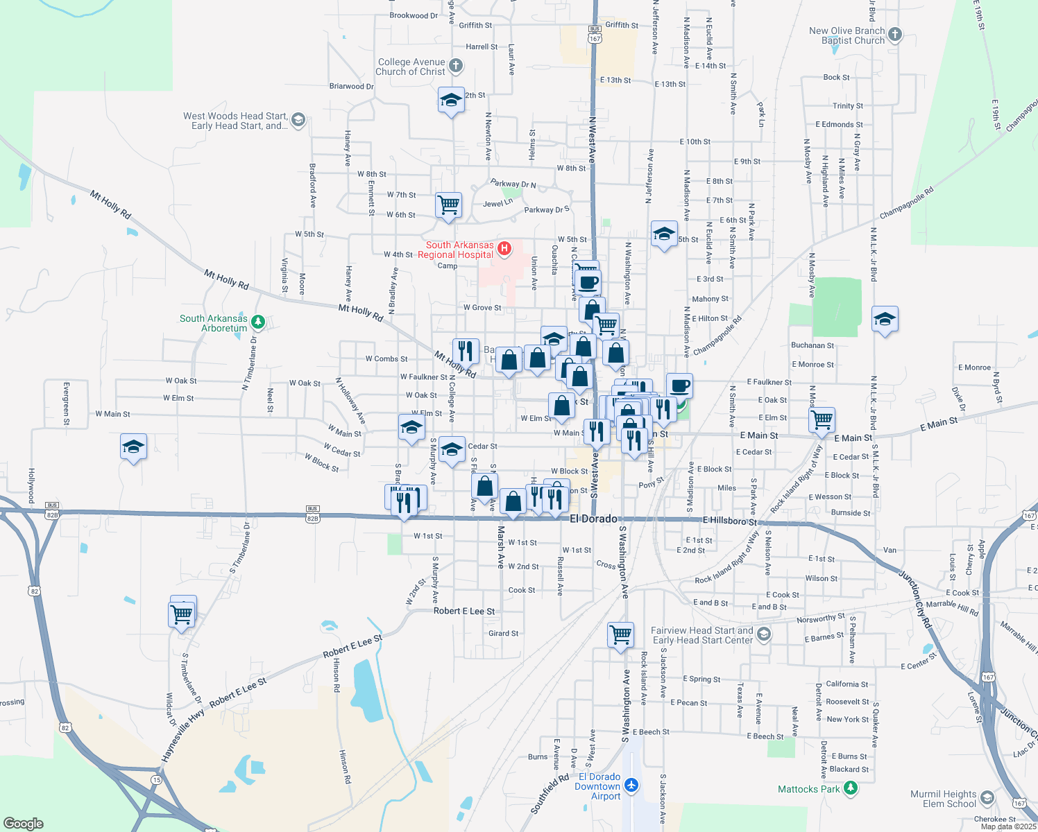 map of restaurants, bars, coffee shops, grocery stores, and more near 209 Thompson Avenue in El Dorado