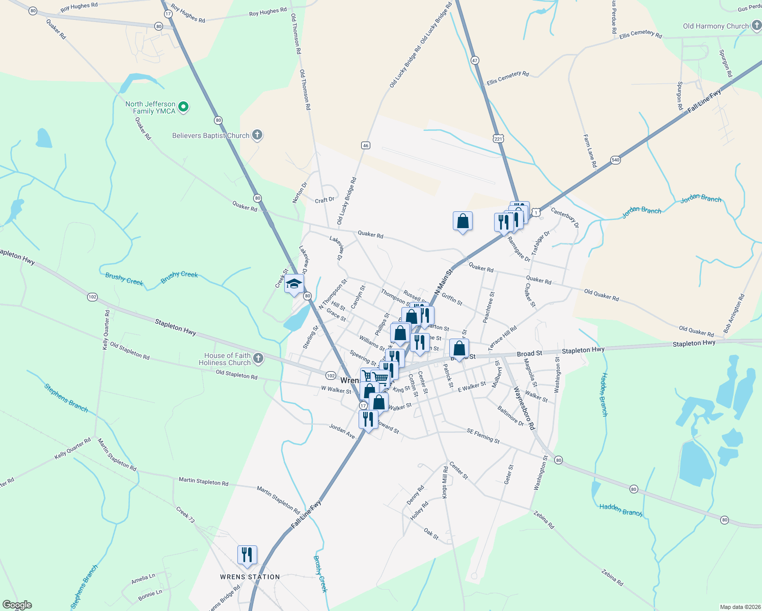 map of restaurants, bars, coffee shops, grocery stores, and more near 302 Ellis Street in Wrens