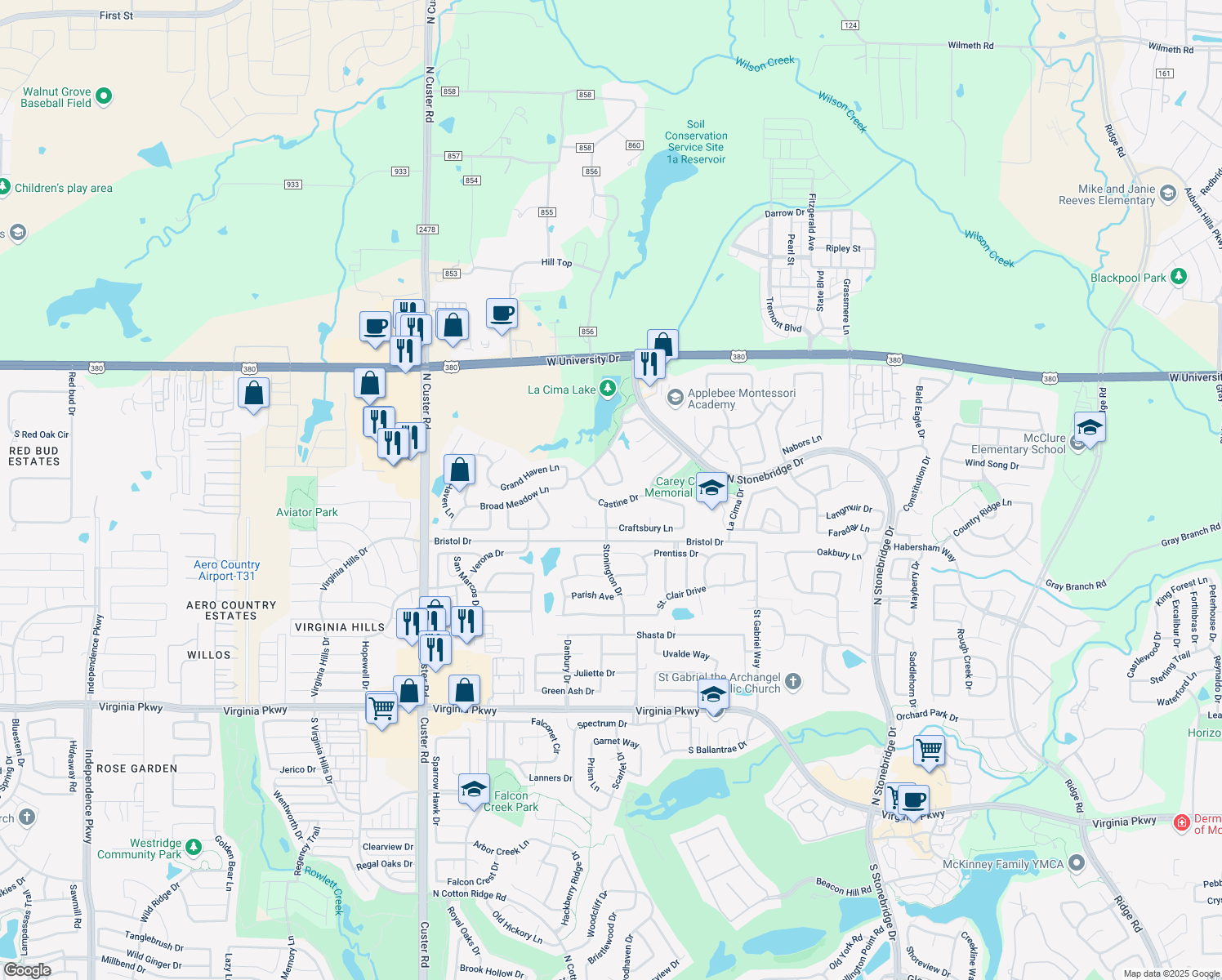 map of restaurants, bars, coffee shops, grocery stores, and more near 1409 Montclair Circle in McKinney