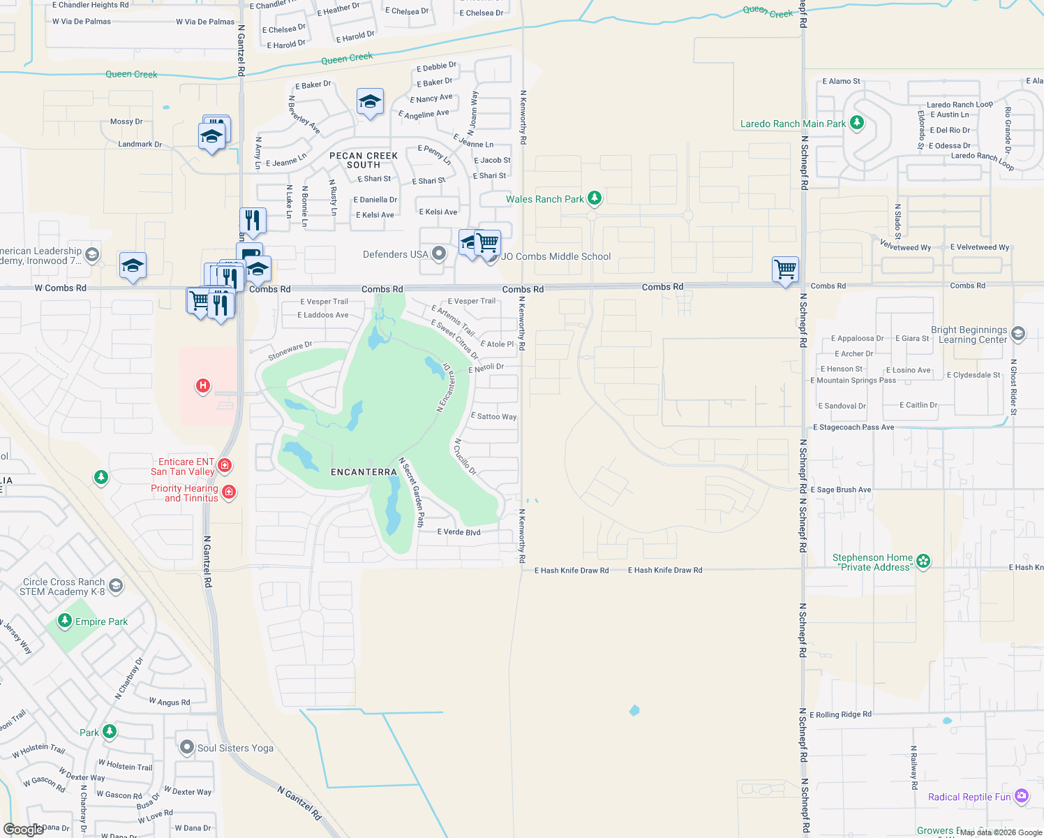 map of restaurants, bars, coffee shops, grocery stores, and more near 36771 North Kenworthy Road in San Tan Valley