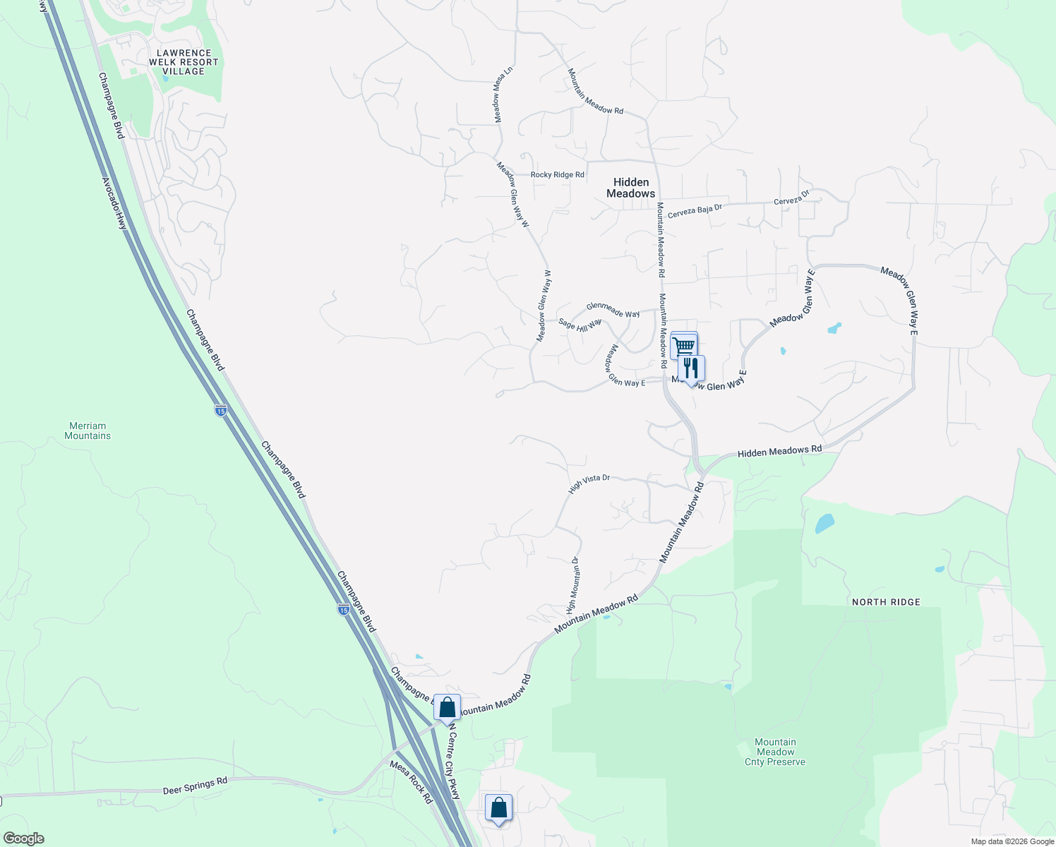 map of restaurants, bars, coffee shops, grocery stores, and more near 10041 Tall Oak Drive in Escondido